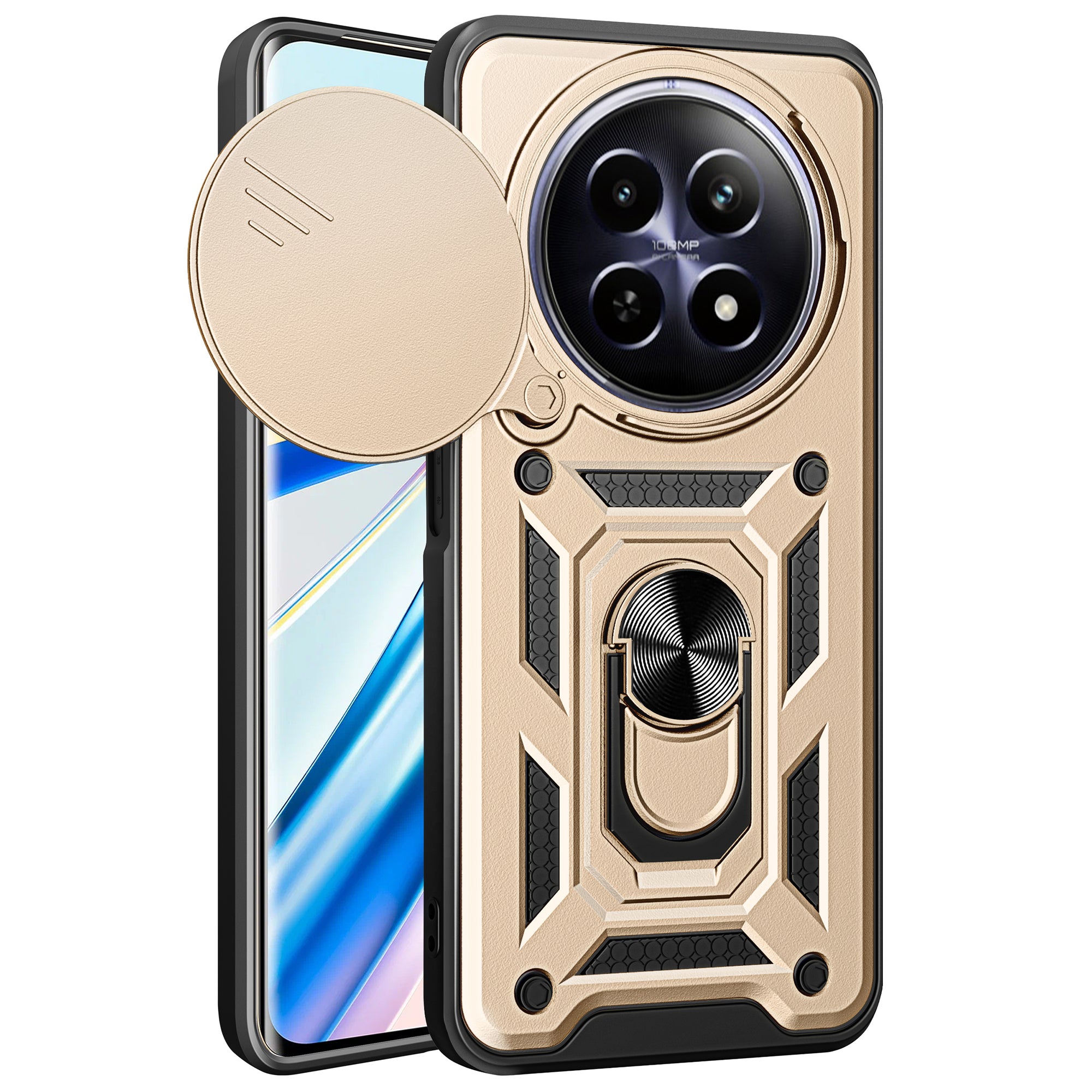 For Realme 12 Camera Protection Case PC+TPU Military Grade Finger Ring Kickstand Phone Cover
