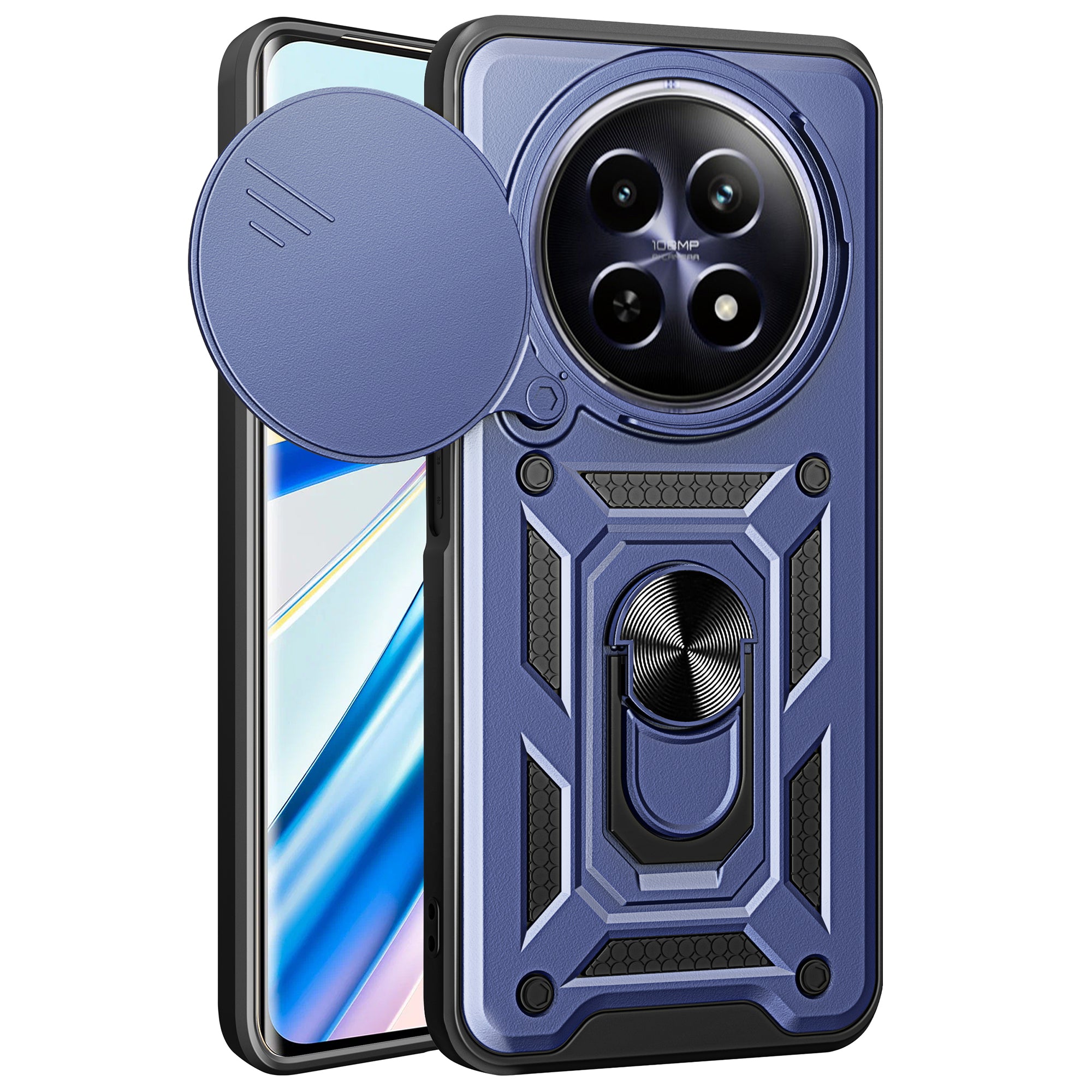 For Realme 12 Camera Protection Case PC+TPU Military Grade Finger Ring Kickstand Phone Cover