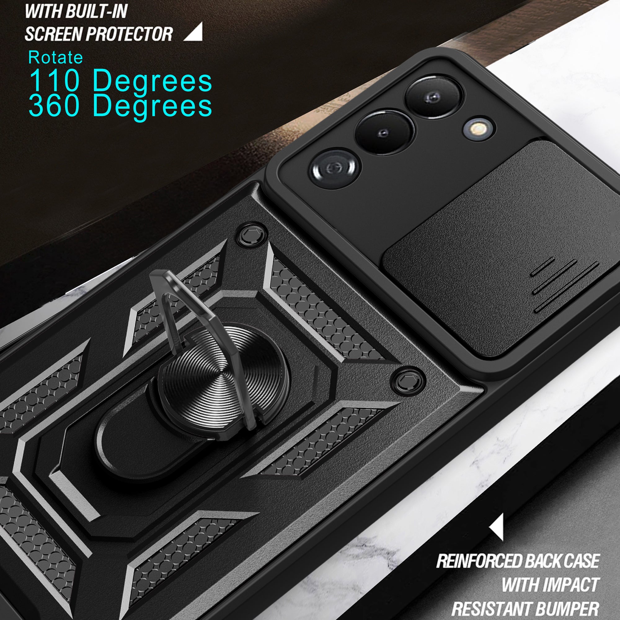 For Transsion Infinix Note 12 G96 4G Case Kickstand Slide Lens Lid PC+TPU Phone Cover