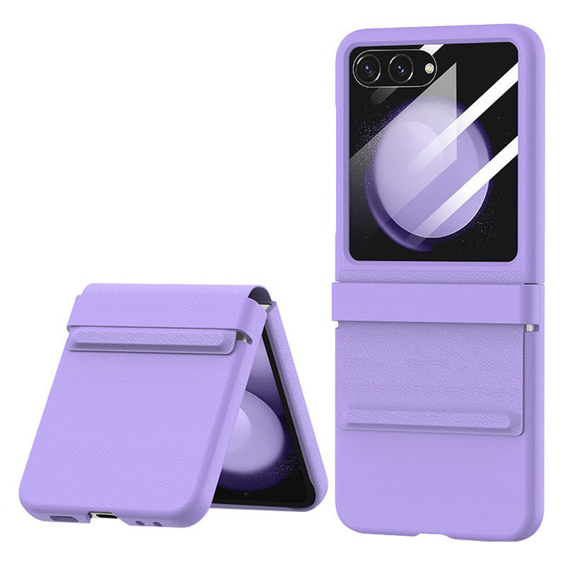 For Samsung Galaxy Z Flip5 5G Retractable Hinge PU Leather Coated PC Phone Case with Rear Screen Film