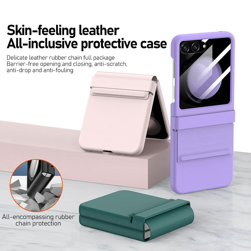 For Samsung Galaxy Z Flip5 5G Retractable Hinge PU Leather Coated PC Phone Case with Rear Screen Film