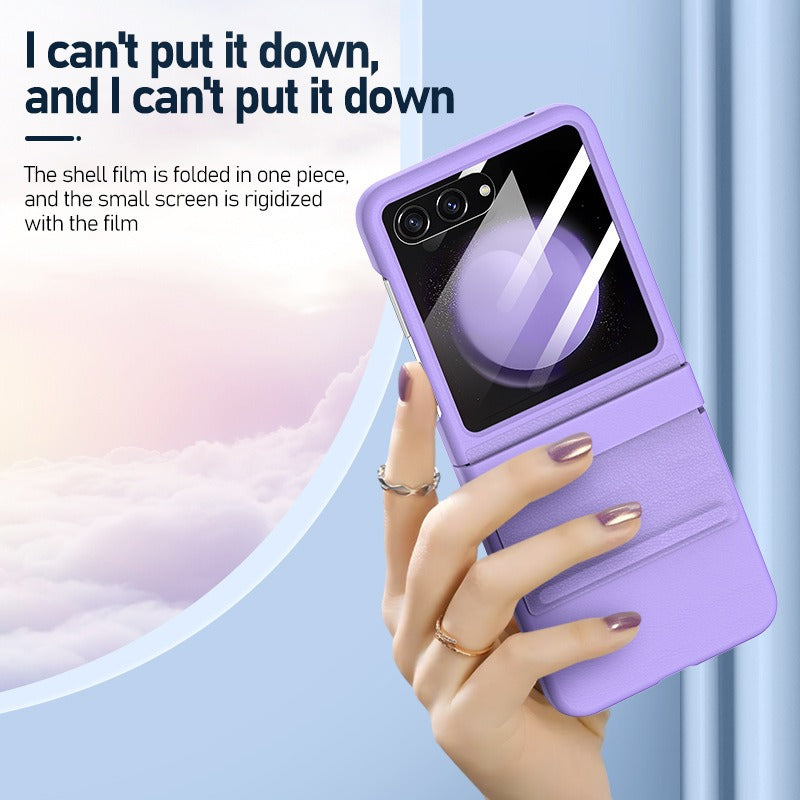 For Samsung Galaxy Z Flip5 5G Retractable Hinge PU Leather Coated PC Phone Case with Rear Screen Film