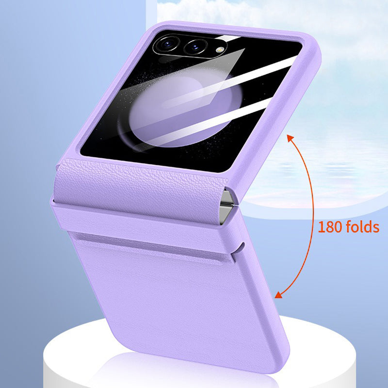 For Samsung Galaxy Z Flip5 5G Retractable Hinge PU Leather Coated PC Phone Case with Rear Screen Film