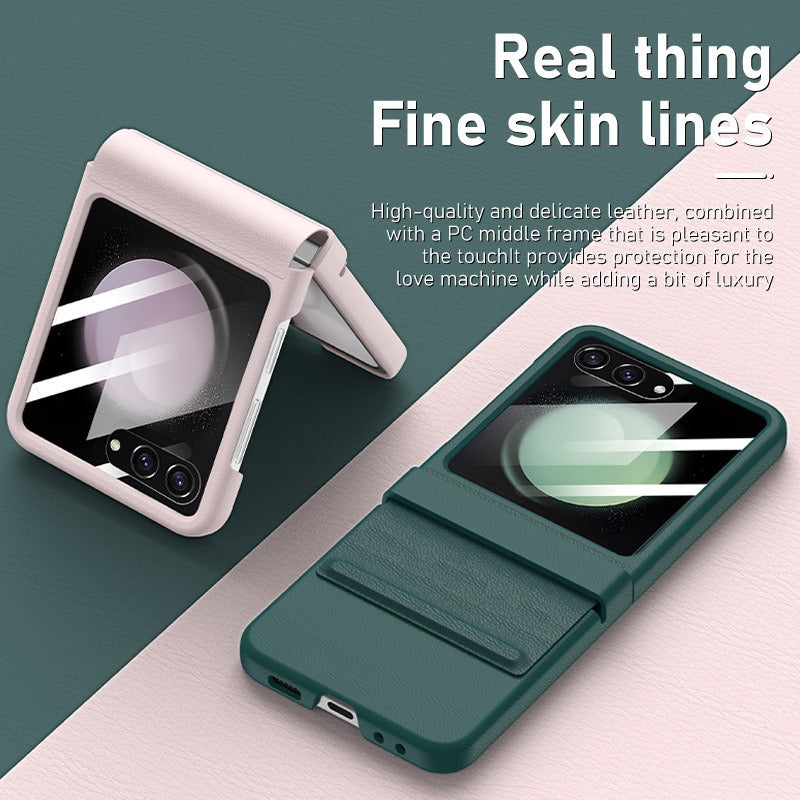 For Samsung Galaxy Z Flip5 5G Retractable Hinge PU Leather Coated PC Phone Case with Rear Screen Film