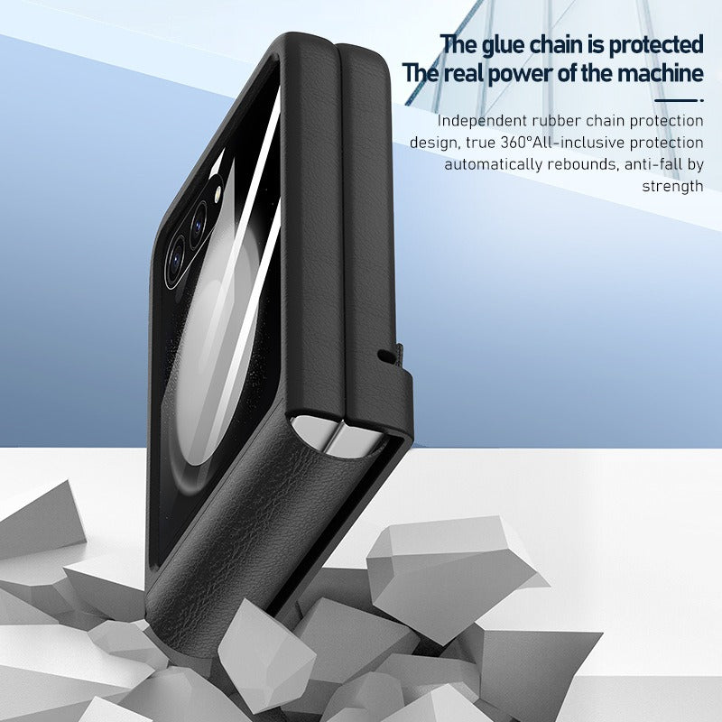 For Samsung Galaxy Z Flip5 5G Retractable Hinge PU Leather Coated PC Phone Case with Rear Screen Film