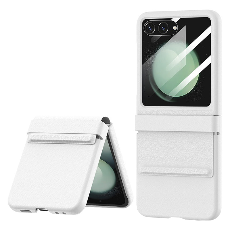 For Samsung Galaxy Z Flip5 5G Retractable Hinge PU Leather Coated PC Phone Case with Rear Screen Film