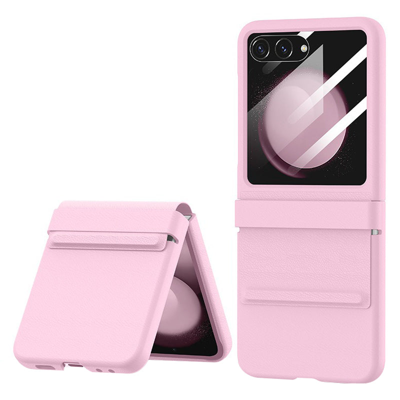 For Samsung Galaxy Z Flip5 5G Retractable Hinge PU Leather Coated PC Phone Case with Rear Screen Film