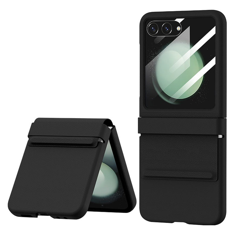 For Samsung Galaxy Z Flip5 5G Retractable Hinge PU Leather Coated PC Phone Case with Rear Screen Film