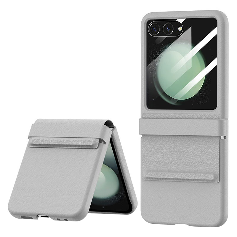 For Samsung Galaxy Z Flip5 5G Retractable Hinge PU Leather Coated PC Phone Case with Rear Screen Film