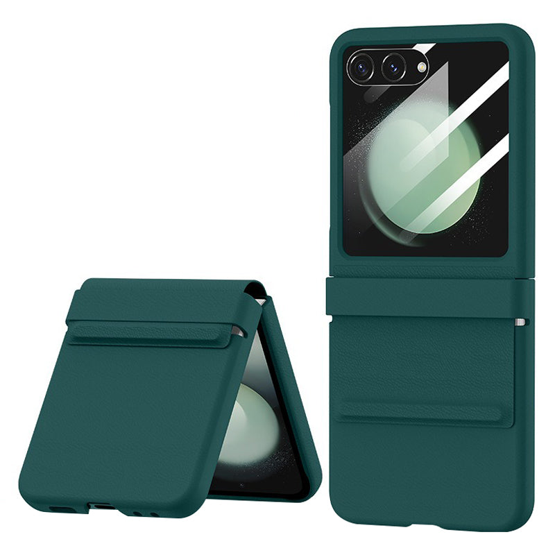 For Samsung Galaxy Z Flip5 5G Retractable Hinge PU Leather Coated PC Phone Case with Rear Screen Film