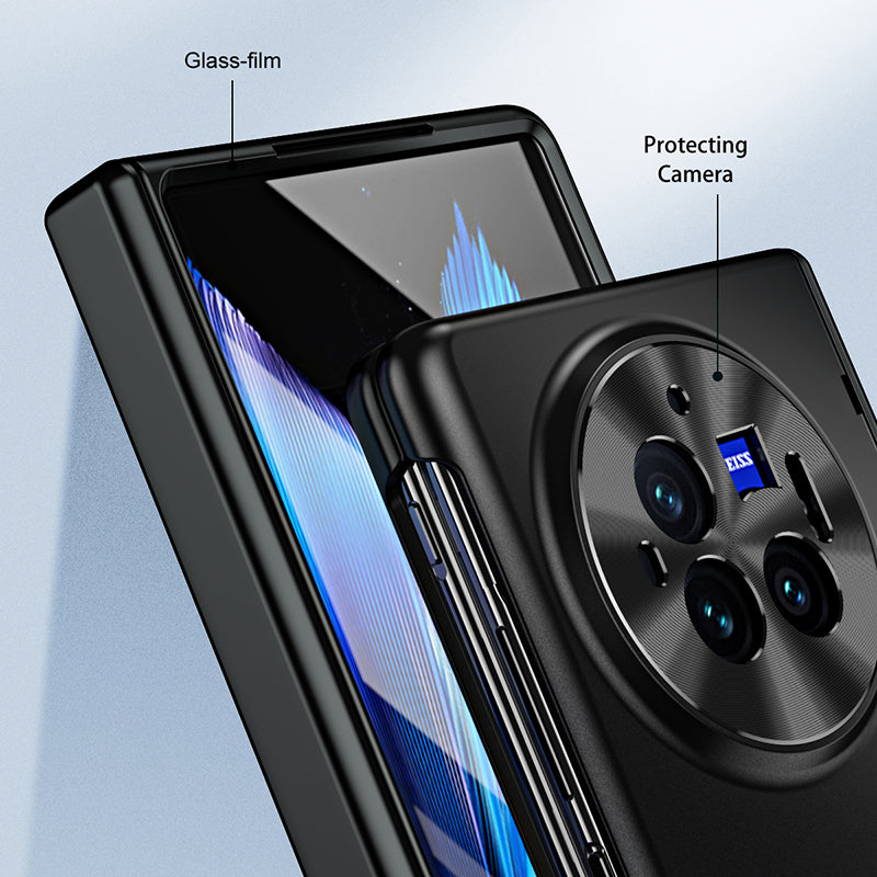For vivo X Fold3 Pro Case PU Leather Coated PC Phone Cover with Tempered Glass Screen Film