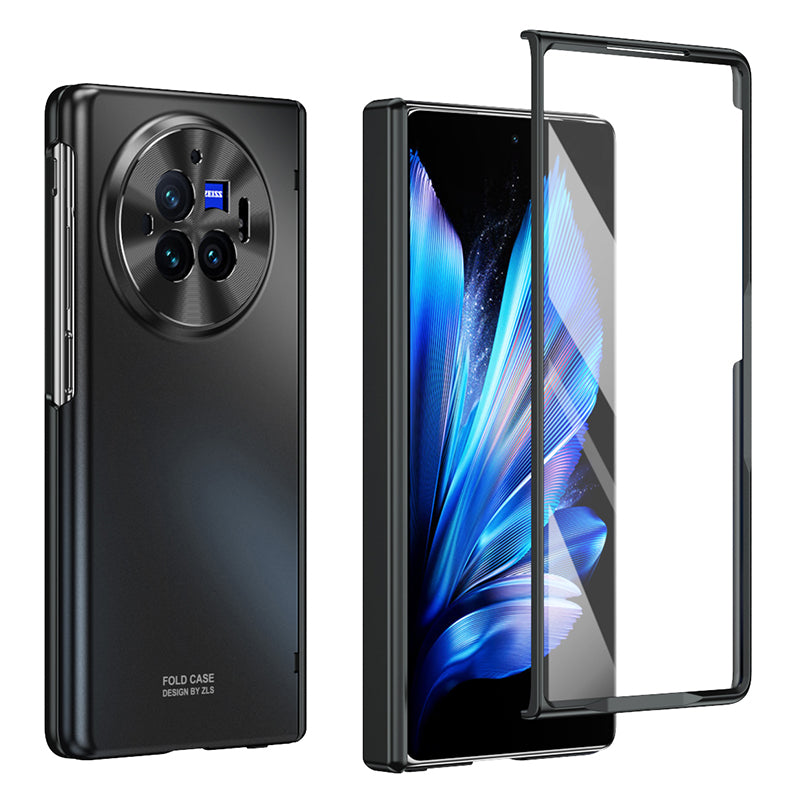 For vivo X Fold3 Pro Case PU Leather Coated PC Phone Cover with Tempered Glass Screen Film