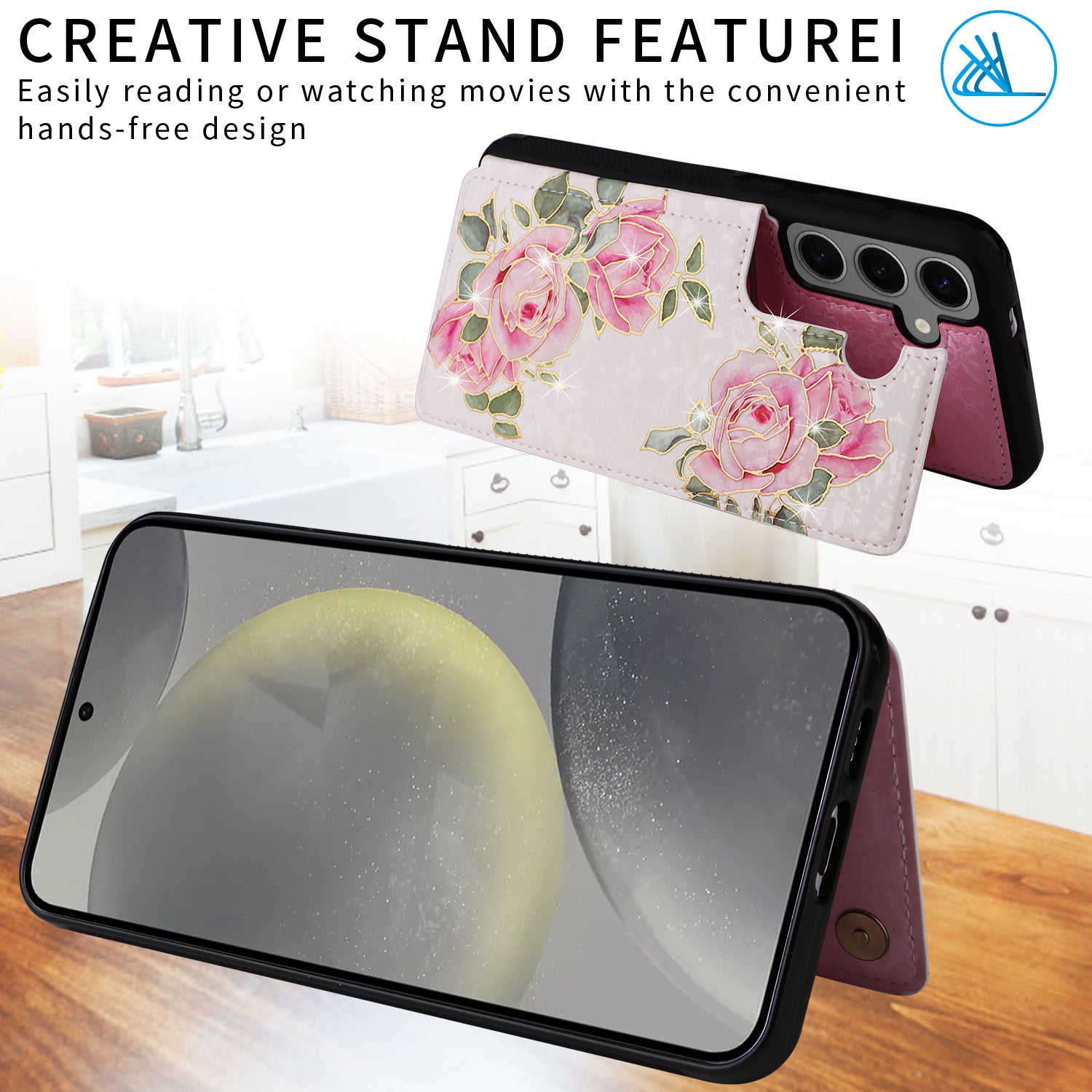 For Samsung Galaxy S24+ Case Card Slots Kickstand PU Leather Flower Pattern Back Cover