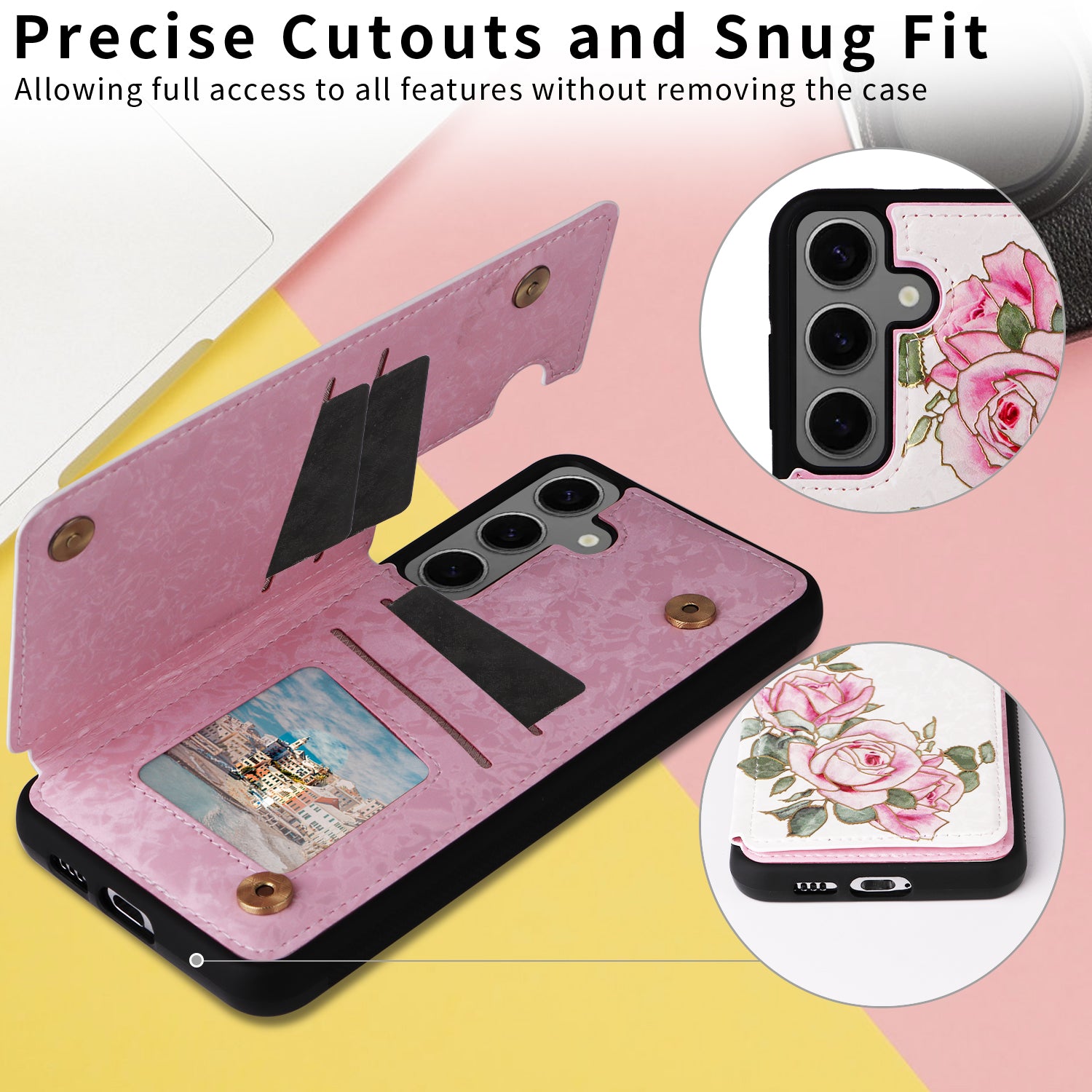 For Samsung Galaxy S24+ Case Card Slots Kickstand PU Leather Flower Pattern Back Cover