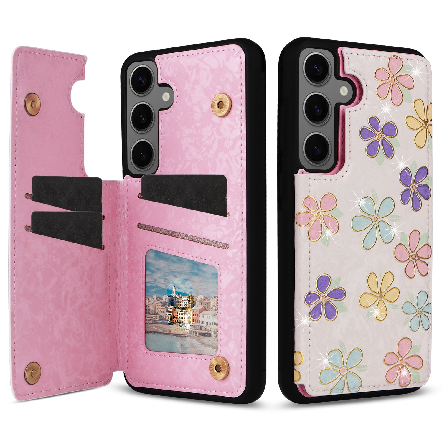 For Samsung Galaxy S24+ Case Card Slots Kickstand PU Leather Flower Pattern Back Cover