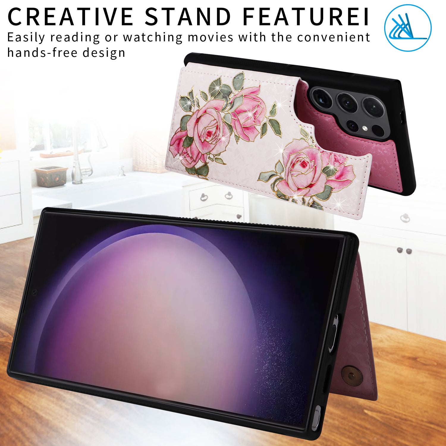 For Samsung Galaxy S24 Ultra Case PU Leather+TPU Flower Pattern Phone Cover with Dual Magnetic Clasp