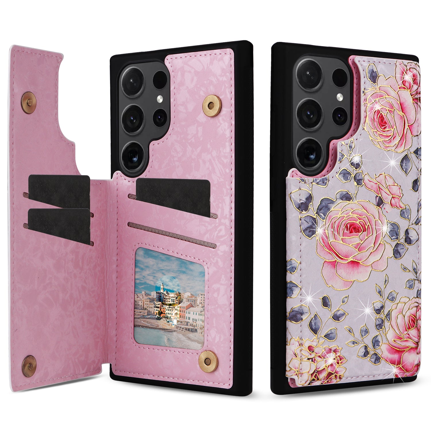 For Samsung Galaxy S24 Ultra Case PU Leather+TPU Flower Pattern Phone Cover with Dual Magnetic Clasp