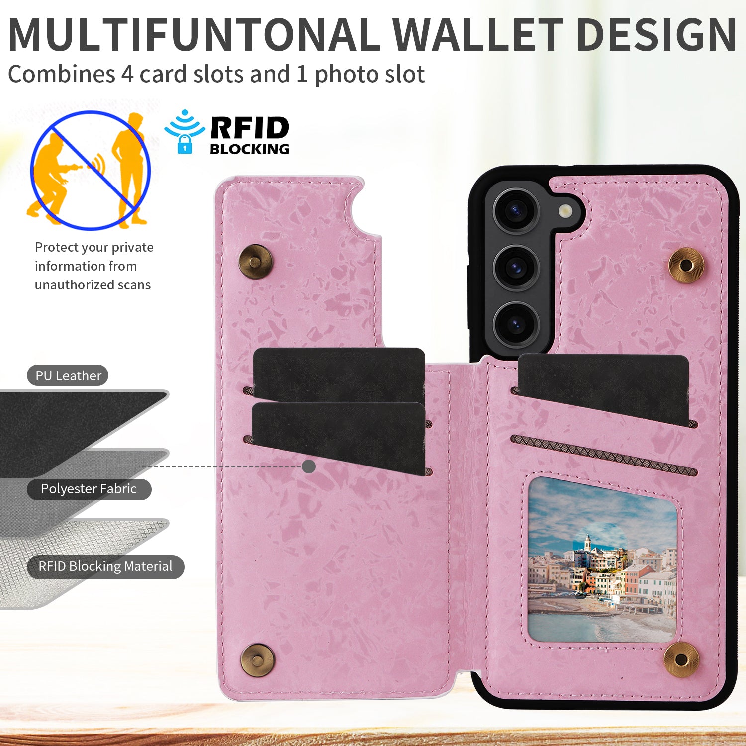 For Samsung Galaxy S23+ Case Card Slots RFID Blocking PU+TPU Kickstand Phone Cover