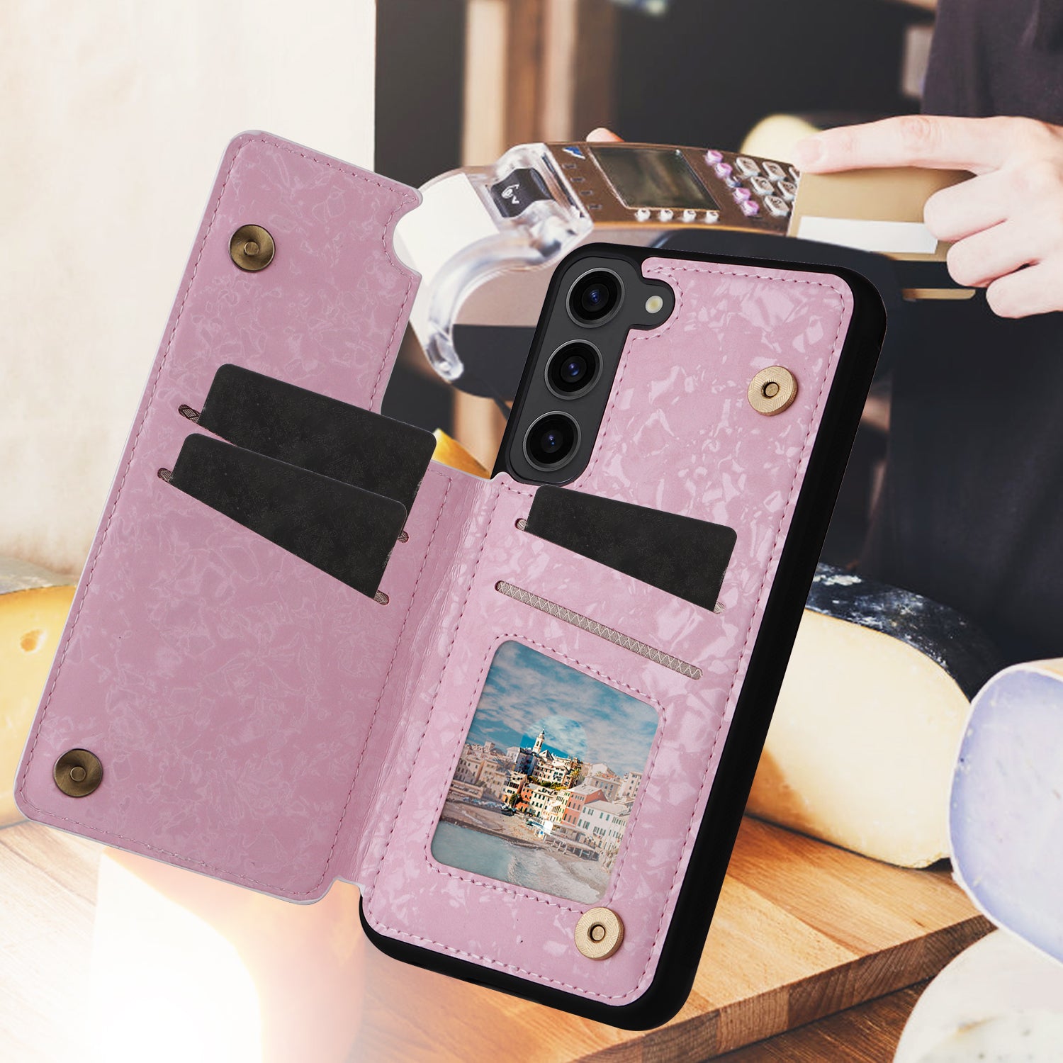 For Samsung Galaxy S23+ Case Card Slots RFID Blocking PU+TPU Kickstand Phone Cover