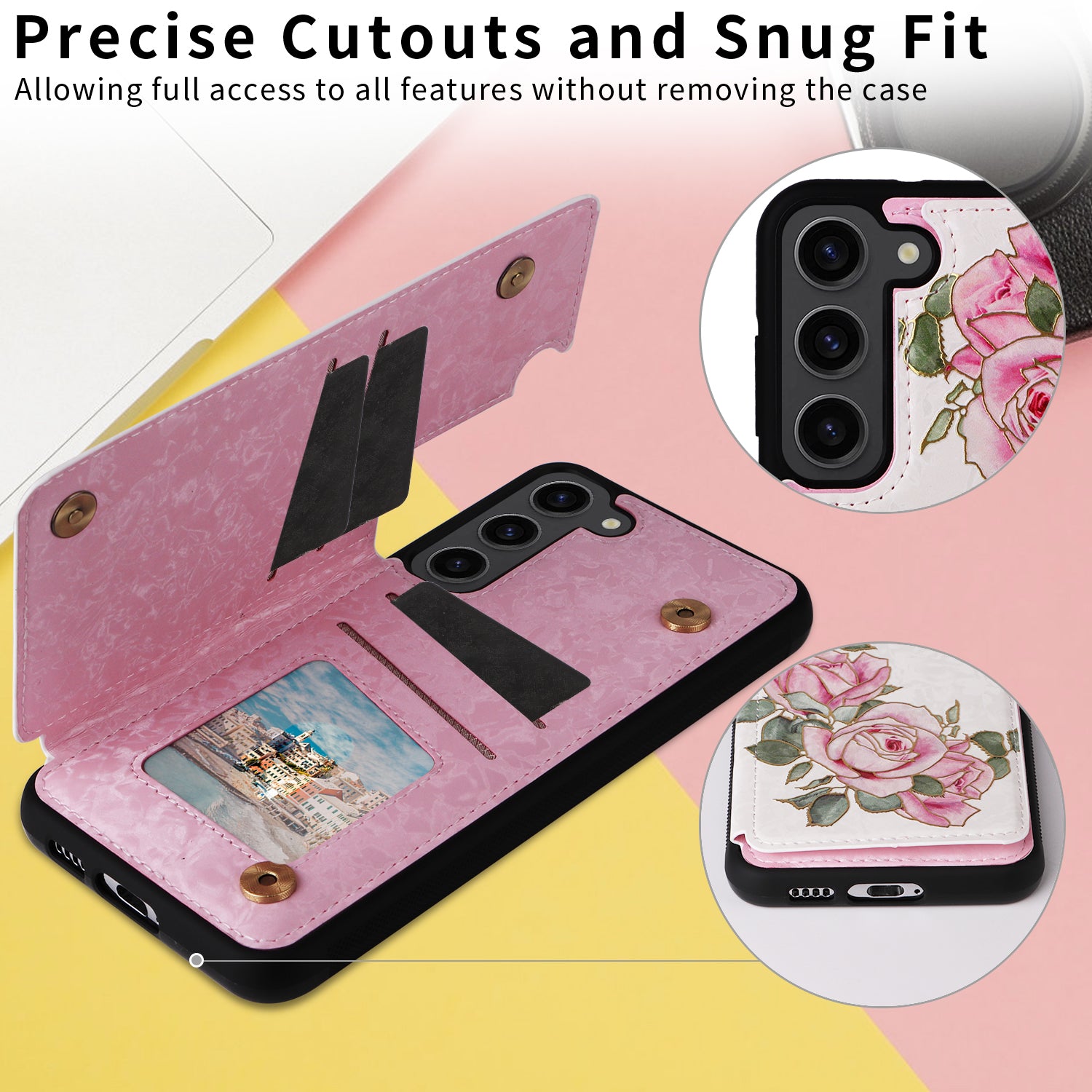 For Samsung Galaxy S23+ Case Card Slots RFID Blocking PU+TPU Kickstand Phone Cover