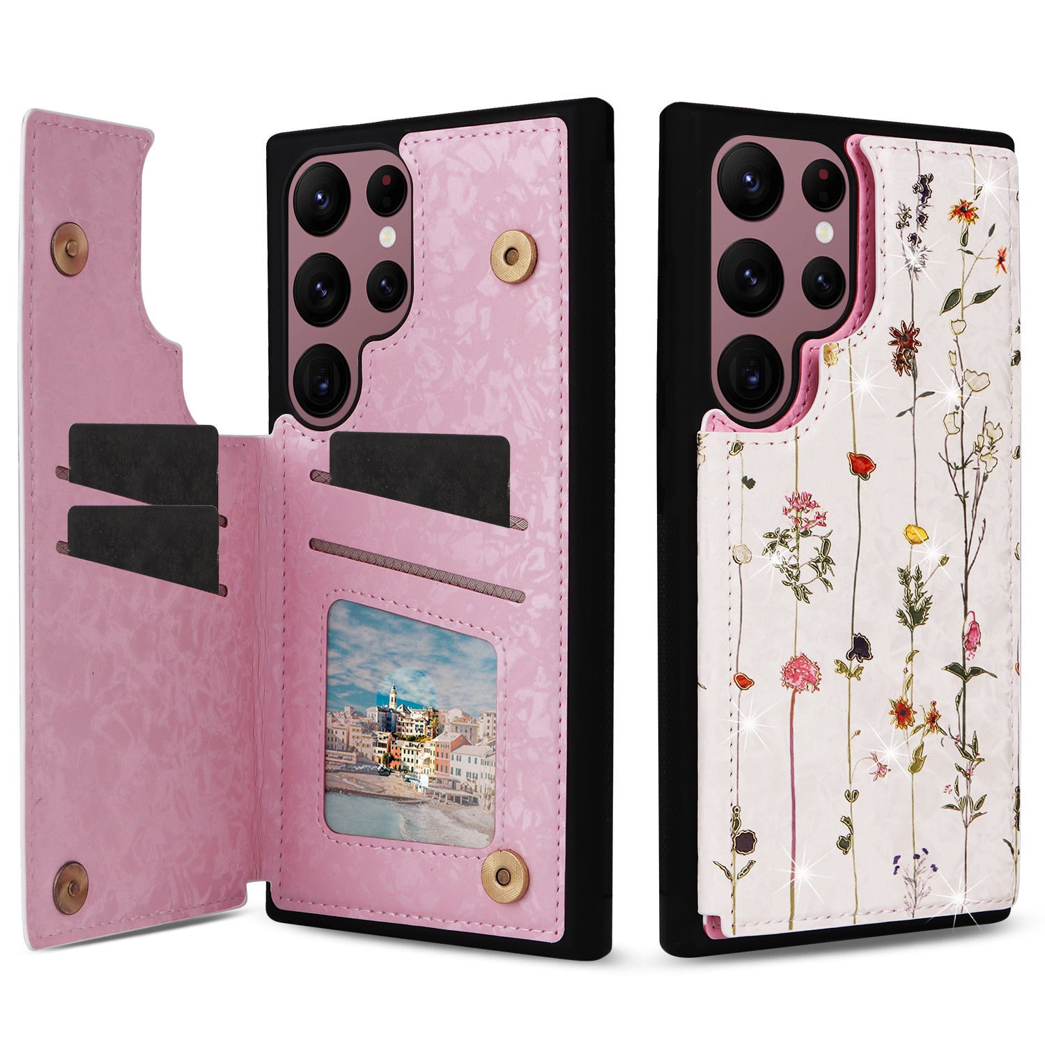 For Samsung Galaxy S22 Ultra 5G Phone Case Kickstand Flower Leather Coated TPU Cover