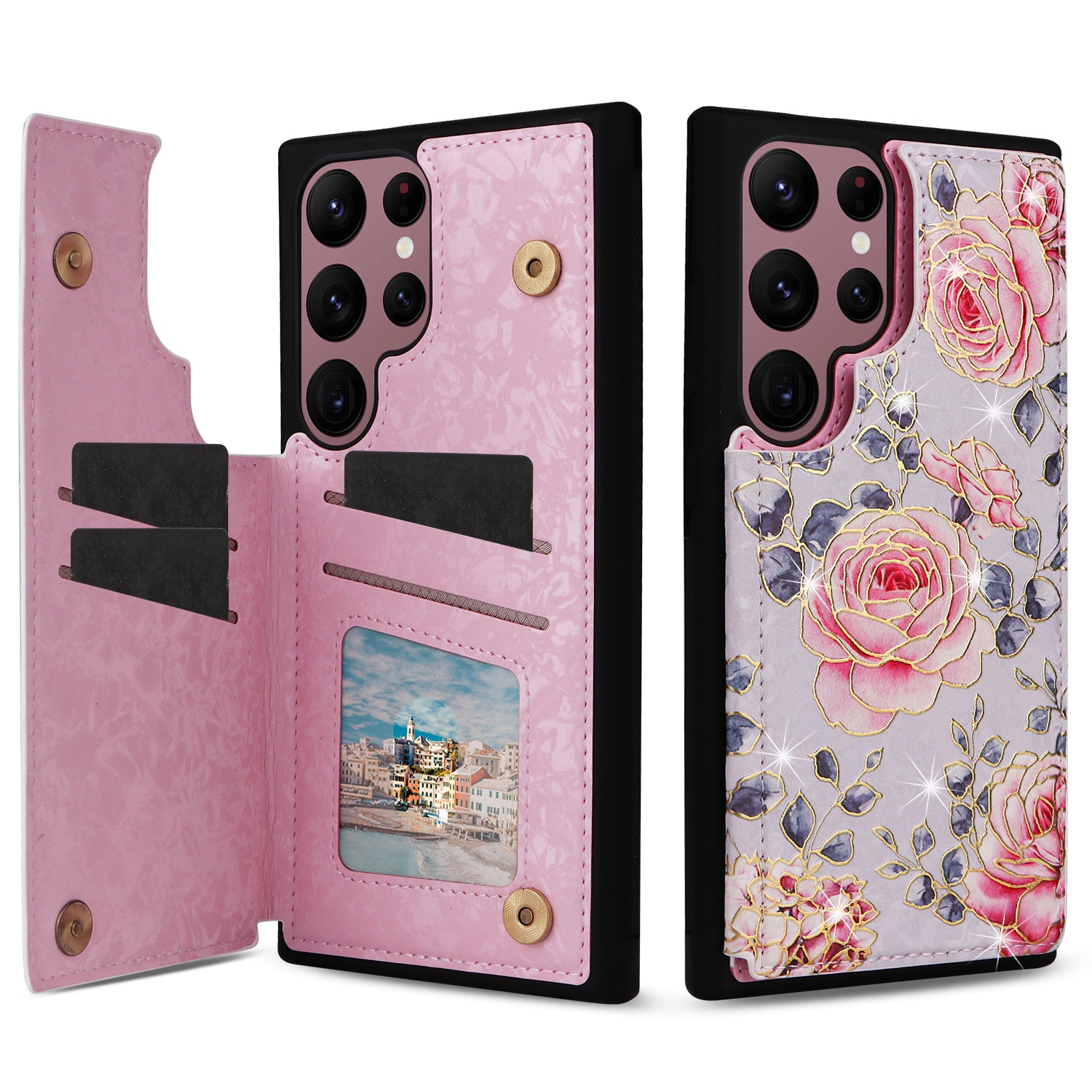 For Samsung Galaxy S22 Ultra 5G Phone Case Kickstand Flower Leather Coated TPU Cover