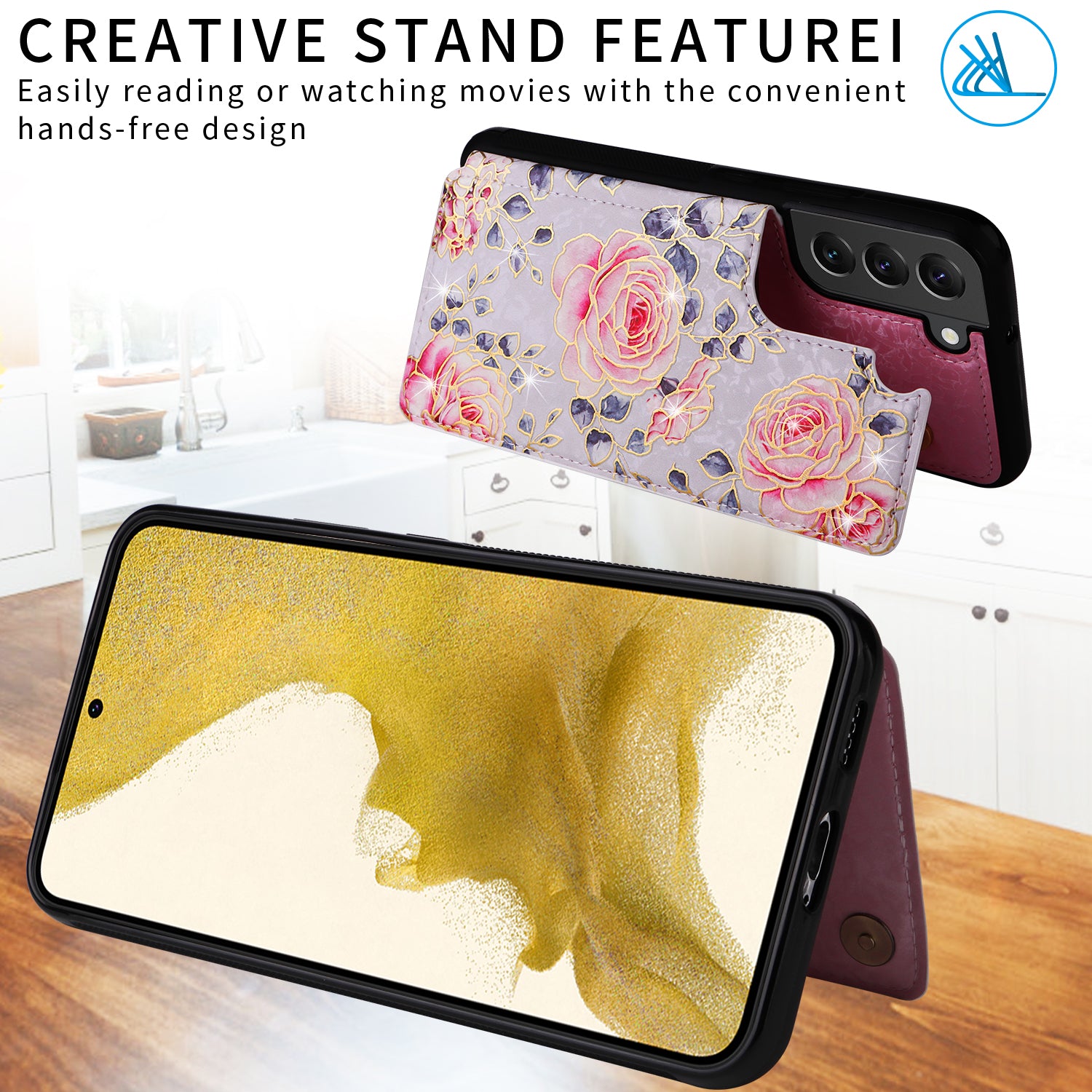For Samsung Galaxy S22+ 5G Phone Case Card Slots Kickstand Flower PU Leather+TPU Phone Cover