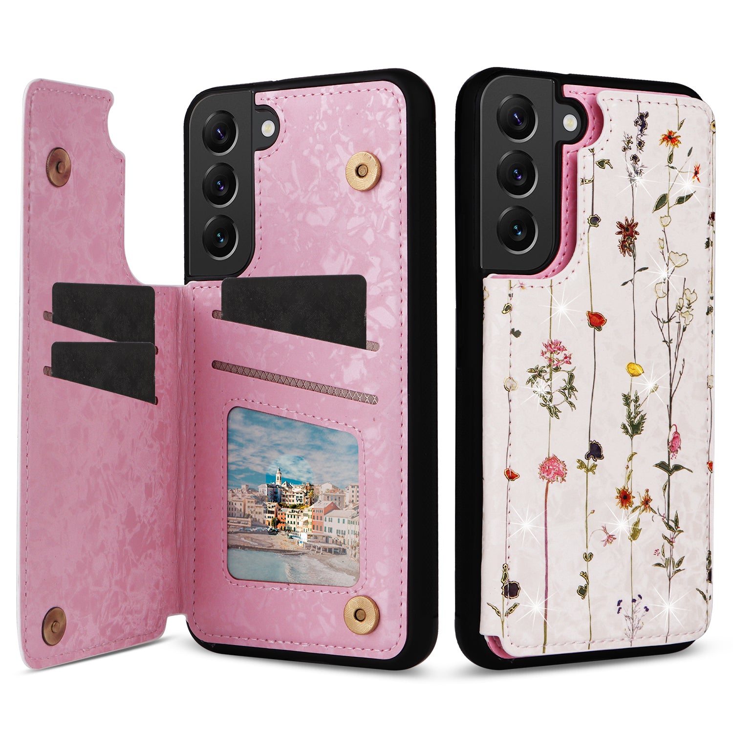 For Samsung Galaxy S22+ 5G Phone Case Card Slots Kickstand Flower PU Leather+TPU Phone Cover