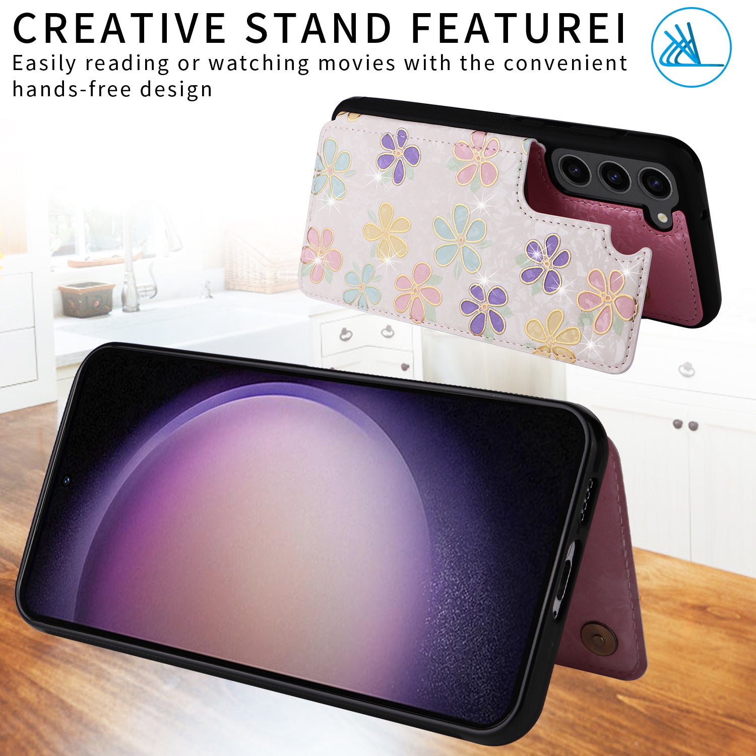 For Samsung Galaxy S23 Case Pattern Printing Kickstand Card Slots Phone Back Shell