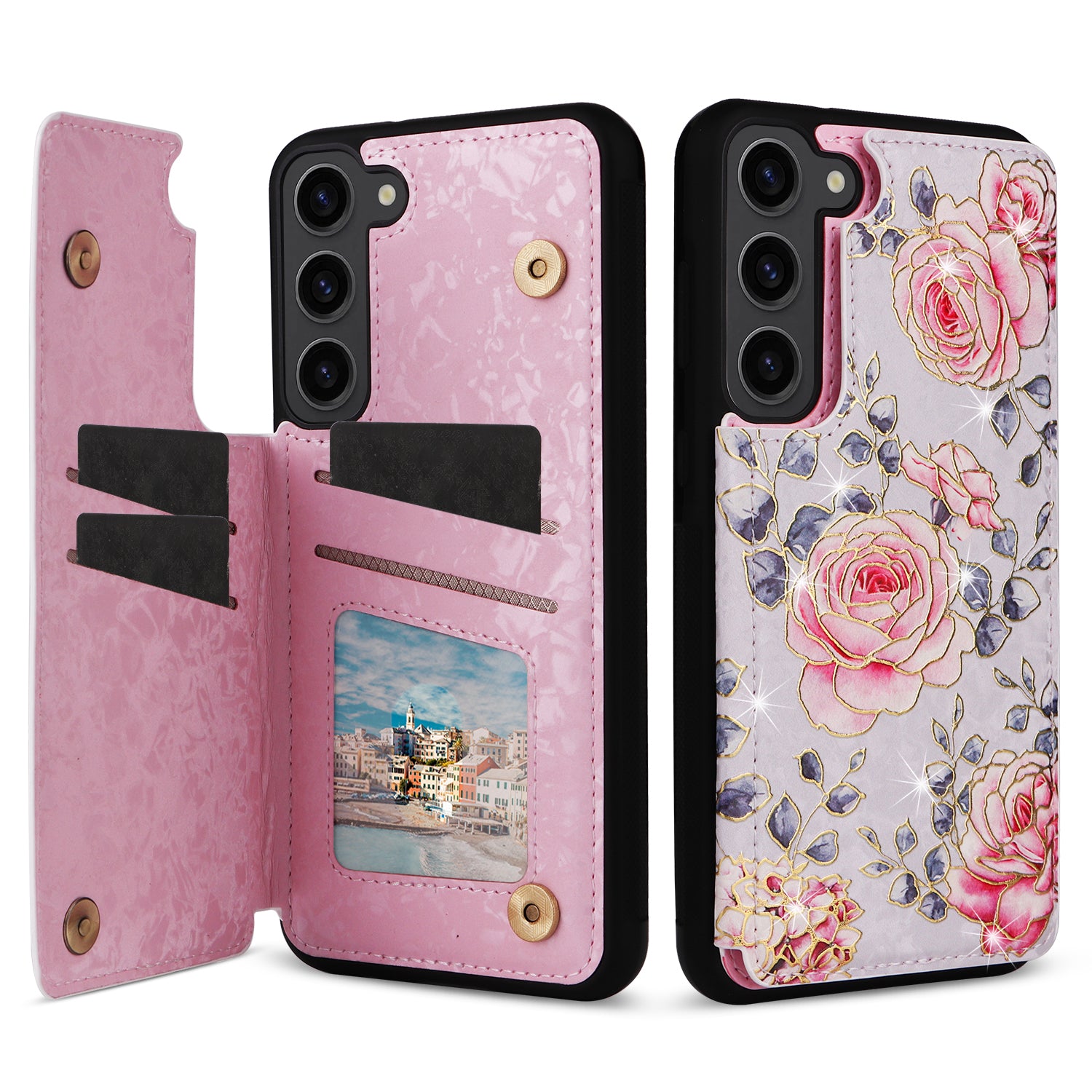 For Samsung Galaxy S23 Case Pattern Printing Kickstand Card Slots Phone Back Shell