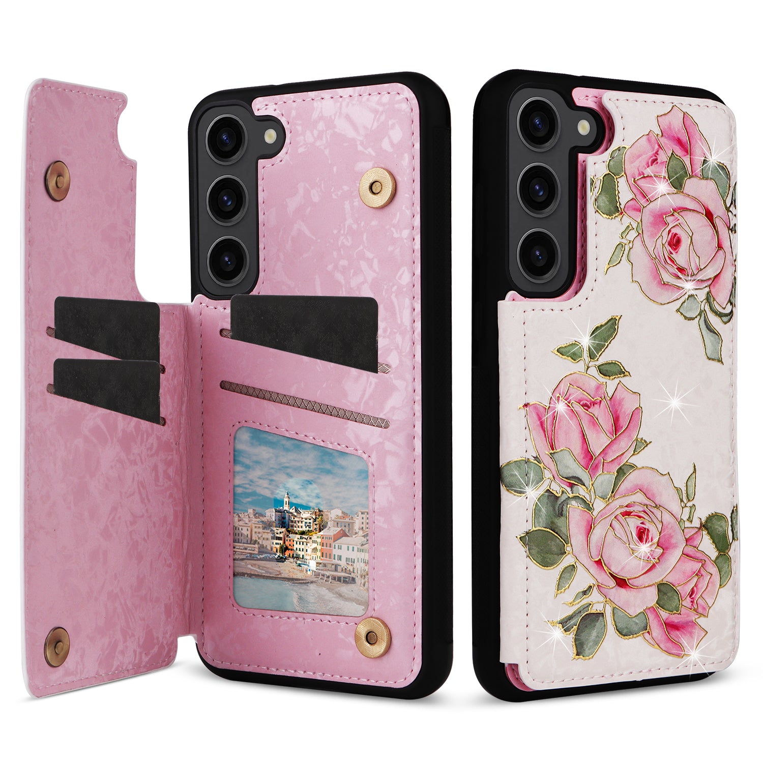 For Samsung Galaxy S23 Case Pattern Printing Kickstand Card Slots Phone Back Shell