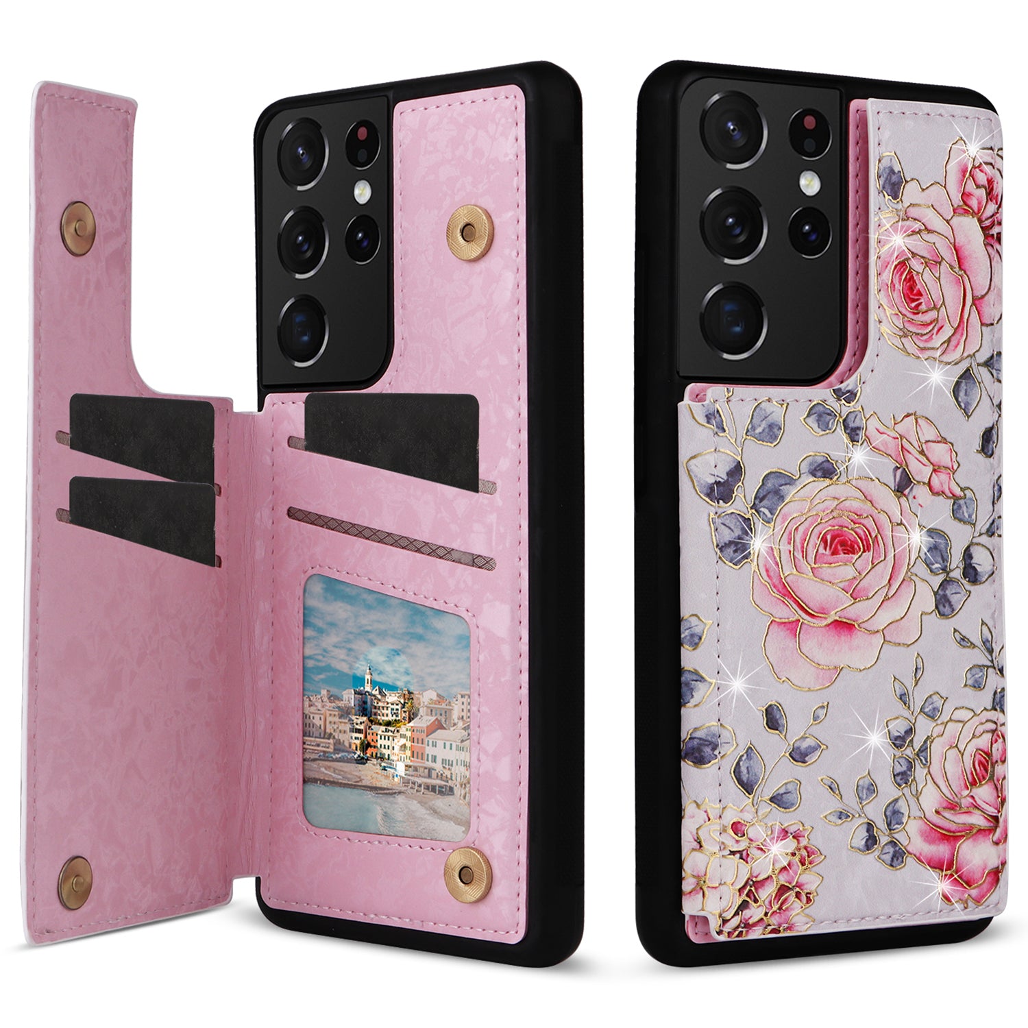 For Samsung Galaxy S21 Ultra 5G Card Slots Kickstand RFID Blocking Cell Phone Case PU Leather+TPU Cover
