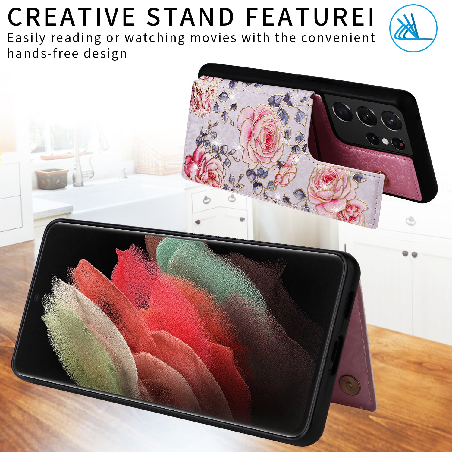 For Samsung Galaxy S21 Ultra 5G Card Slots Kickstand RFID Blocking Cell Phone Case PU Leather+TPU Cover