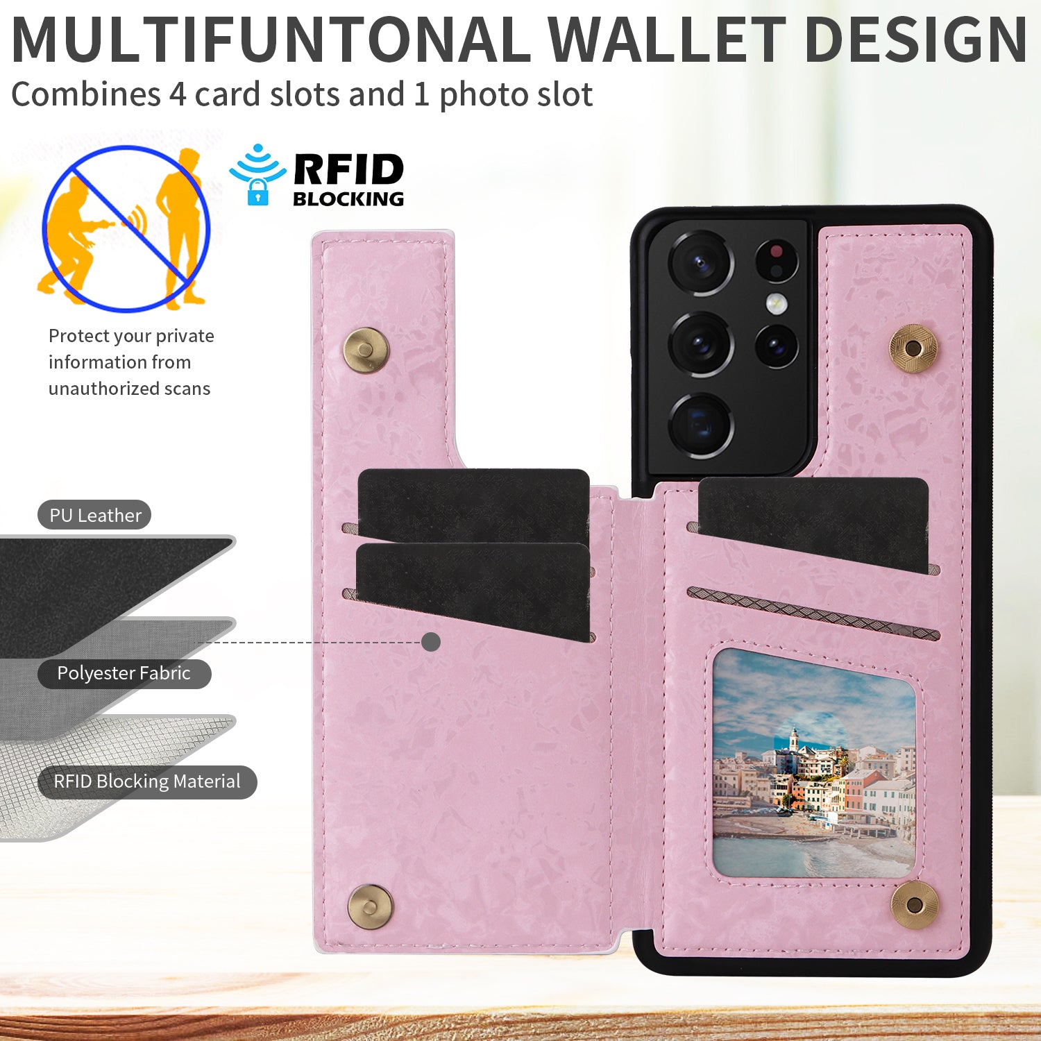 For Samsung Galaxy S21 Ultra 5G Card Slots Kickstand RFID Blocking Cell Phone Case PU Leather+TPU Cover