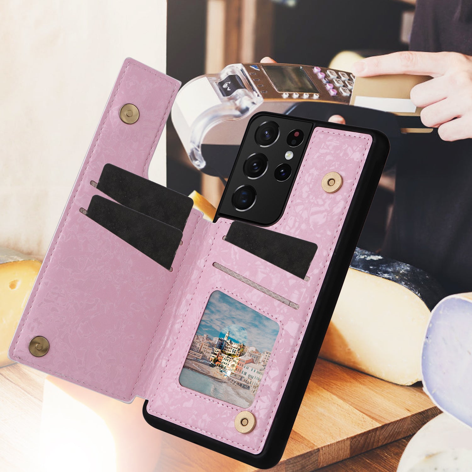 For Samsung Galaxy S21 Ultra 5G Card Slots Kickstand RFID Blocking Cell Phone Case PU Leather+TPU Cover