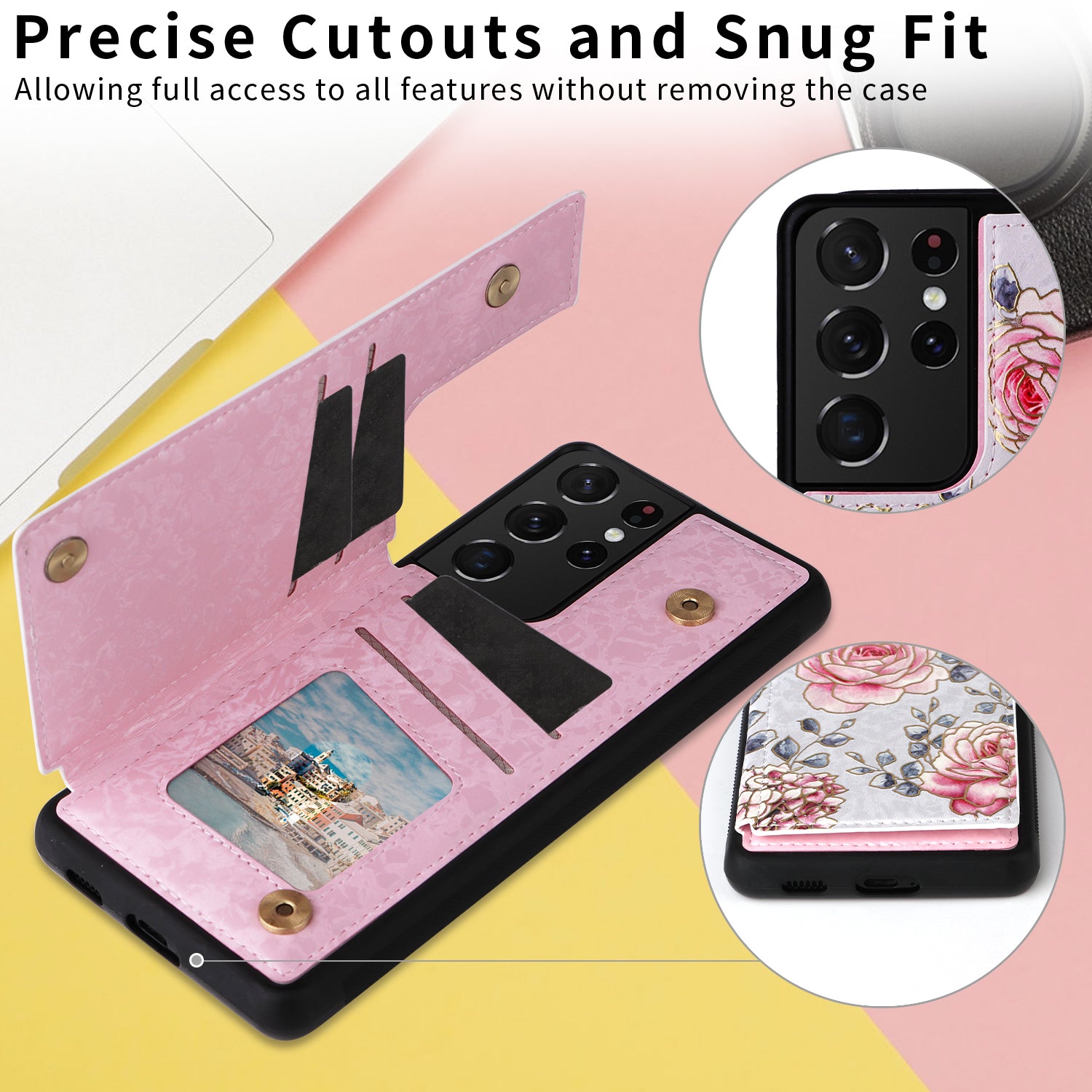 For Samsung Galaxy S21 Ultra 5G Card Slots Kickstand RFID Blocking Cell Phone Case PU Leather+TPU Cover