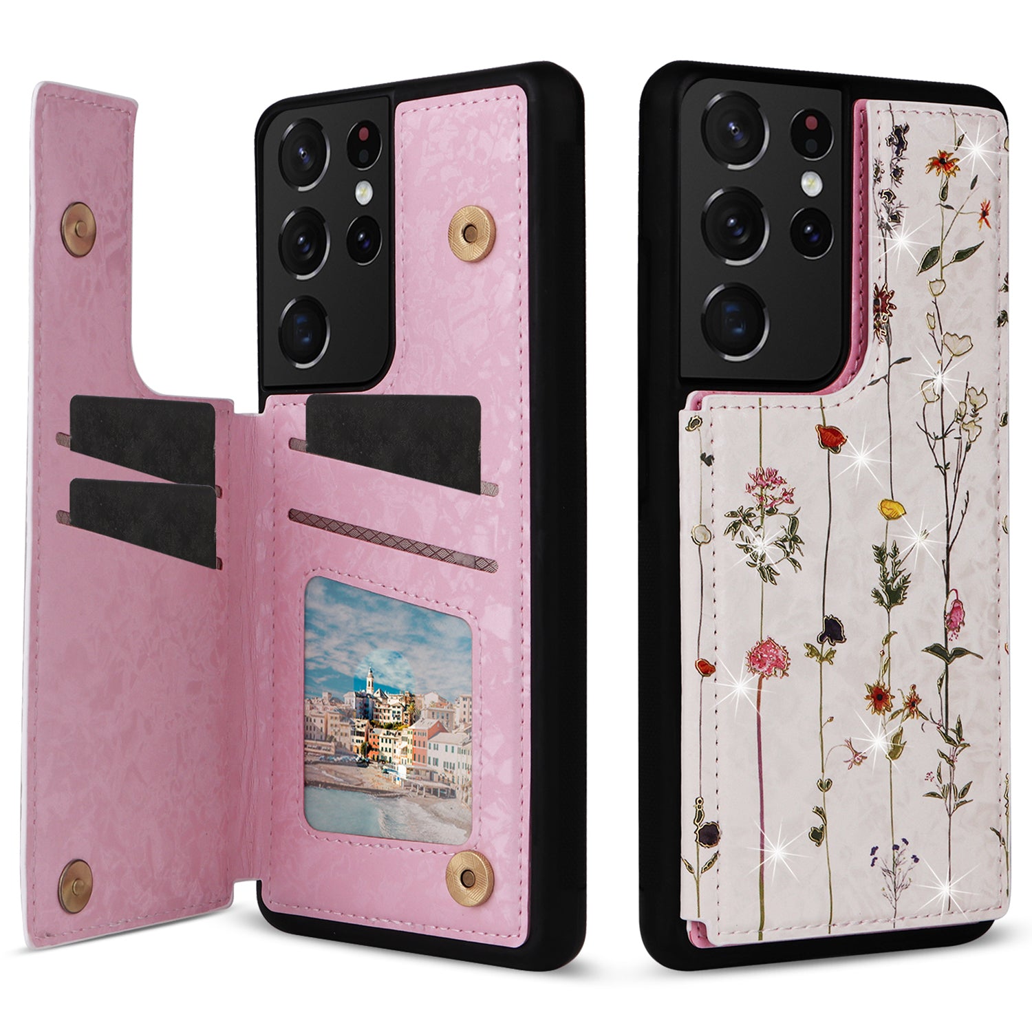 For Samsung Galaxy S21 Ultra 5G Card Slots Kickstand RFID Blocking Cell Phone Case PU Leather+TPU Cover