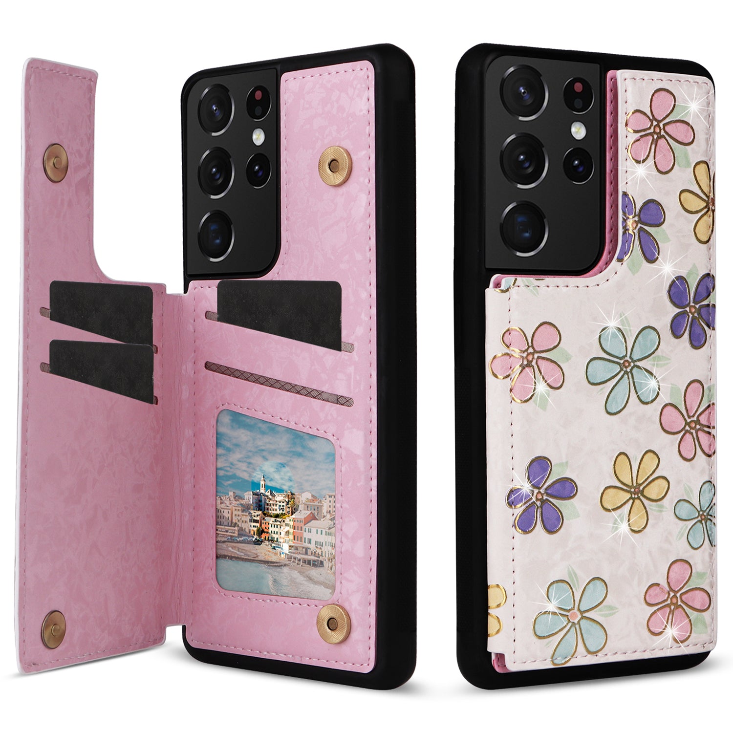 For Samsung Galaxy S21 Ultra 5G Card Slots Kickstand RFID Blocking Cell Phone Case PU Leather+TPU Cover