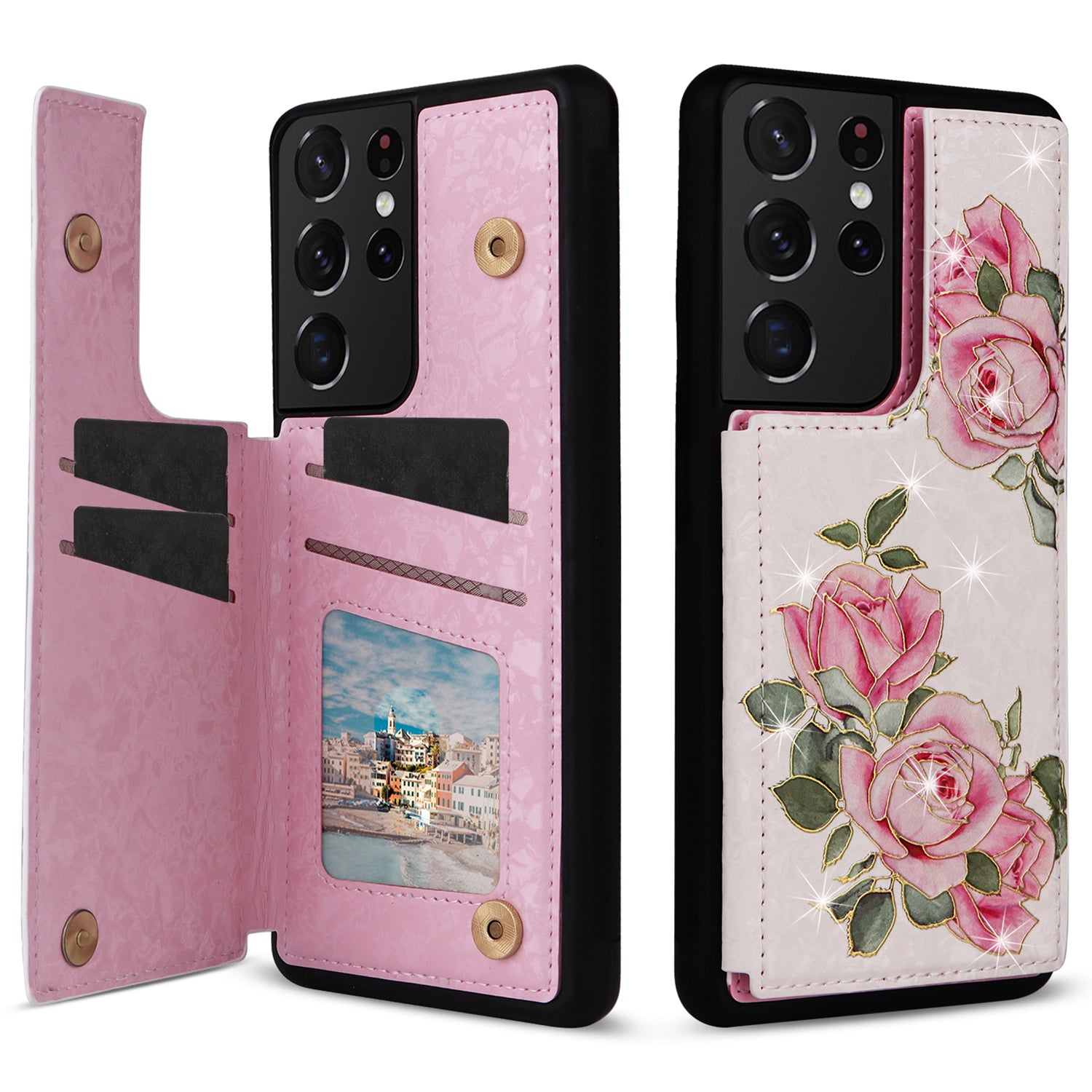 For Samsung Galaxy S21 Ultra 5G Card Slots Kickstand RFID Blocking Cell Phone Case PU Leather+TPU Cover
