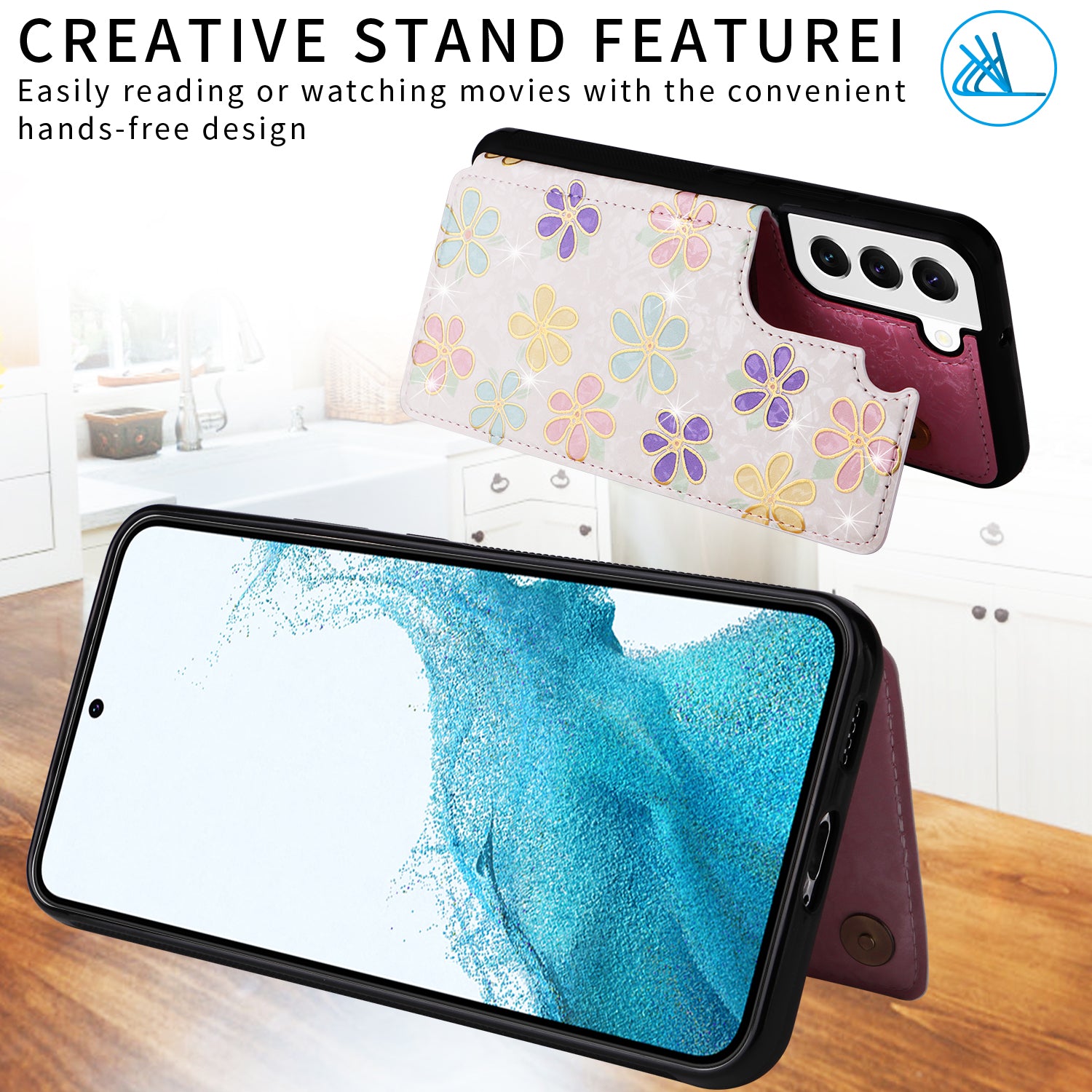 For Samsung Galaxy S22 5G Pattern Printing Case Kickstand Card Slots Phone Back Shell
