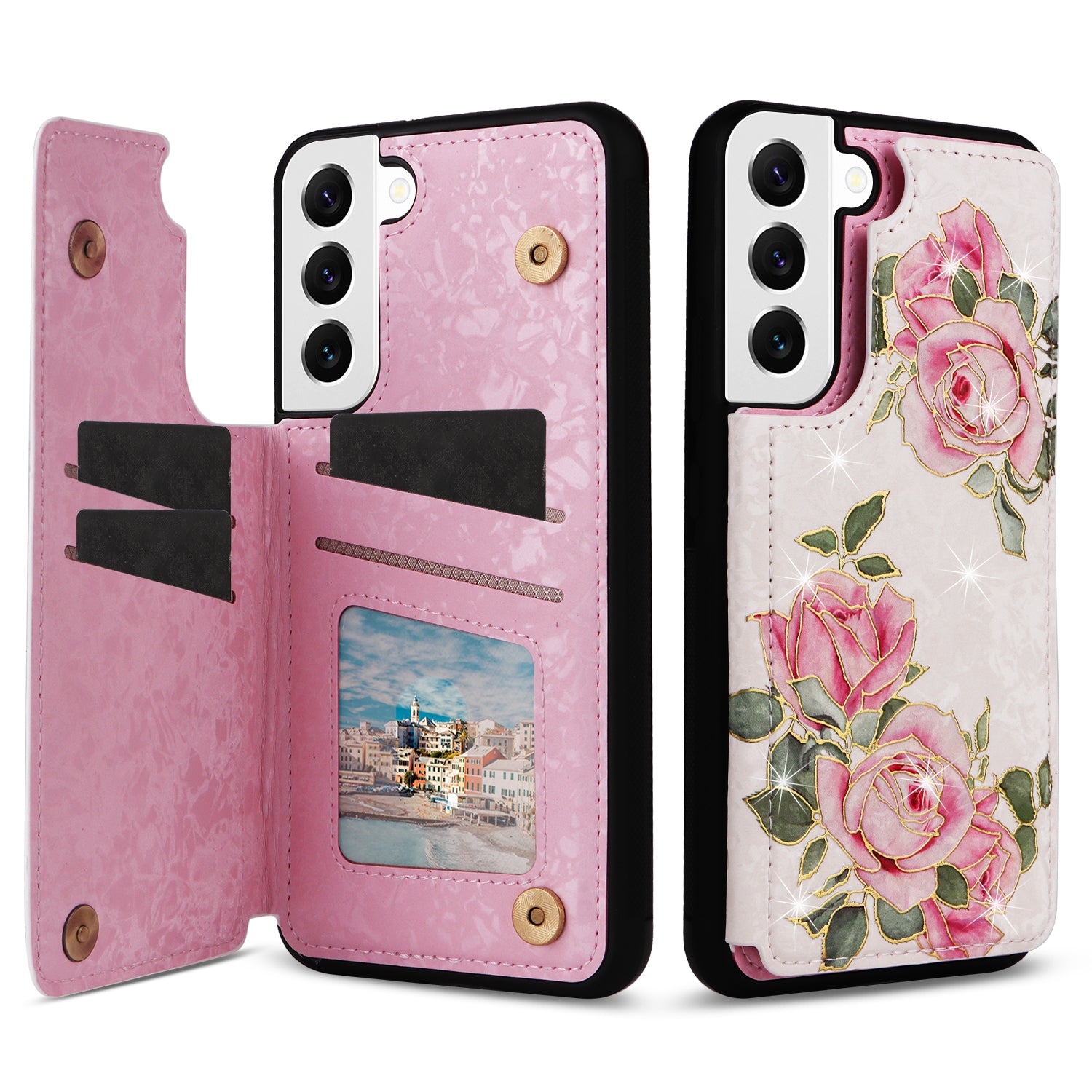 For Samsung Galaxy S22 5G Pattern Printing Case Kickstand Card Slots Phone Back Shell