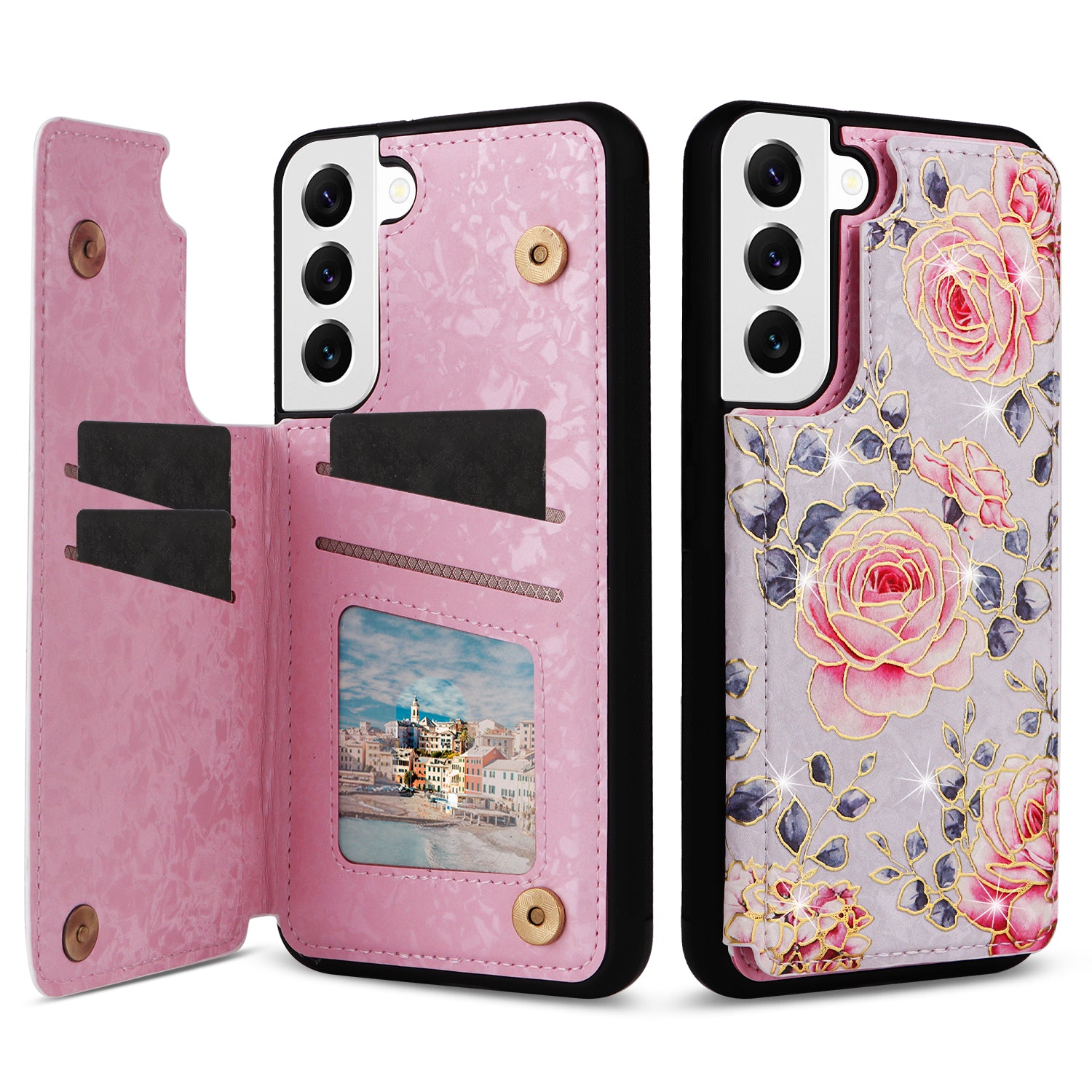 For Samsung Galaxy S22 5G Pattern Printing Case Kickstand Card Slots Phone Back Shell