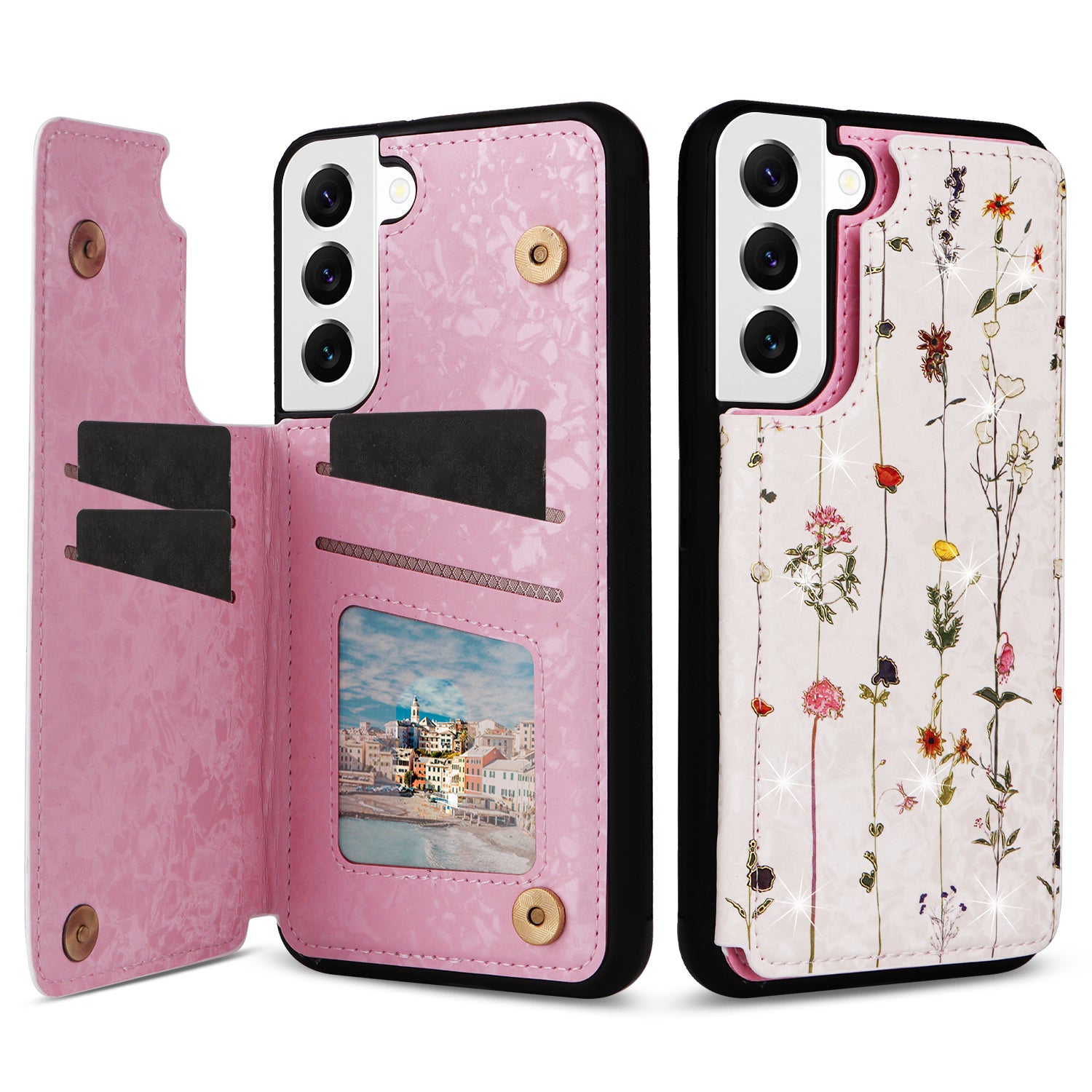 For Samsung Galaxy S22 5G Pattern Printing Case Kickstand Card Slots Phone Back Shell