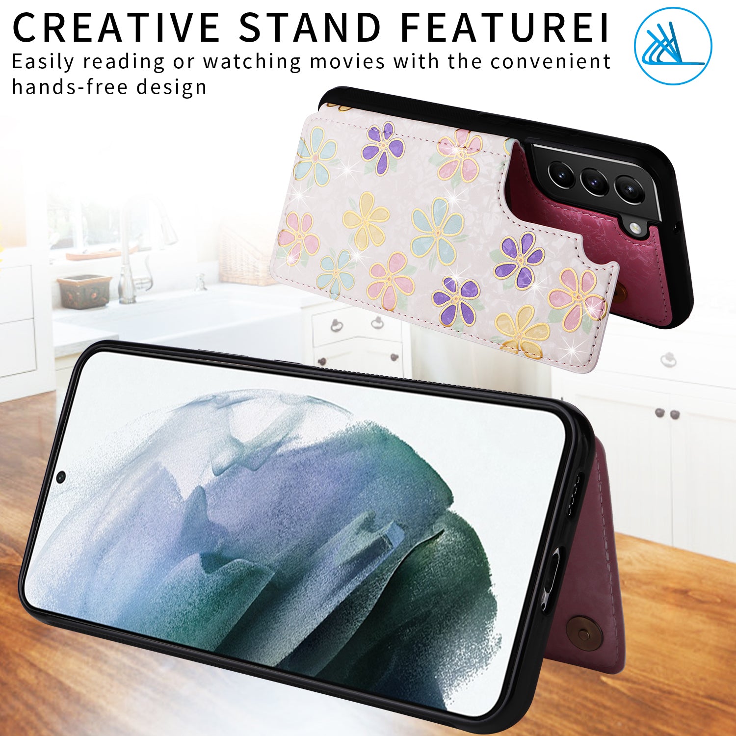 For Samsung Galaxy S21 4G / 5G Case Card Holder Kickstand Stylish Pattern Phone Cover