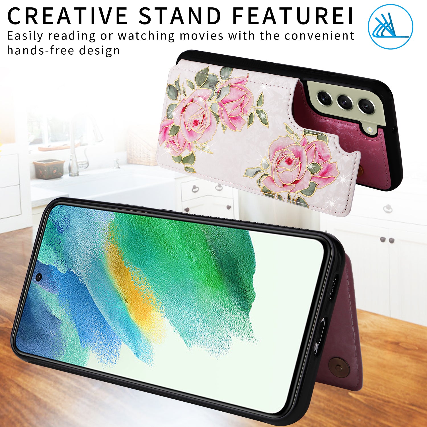 Phone Cover for Samsung Galaxy S21 FE 5G Kickstand Flower PU Leather Coated TPU Phone Case