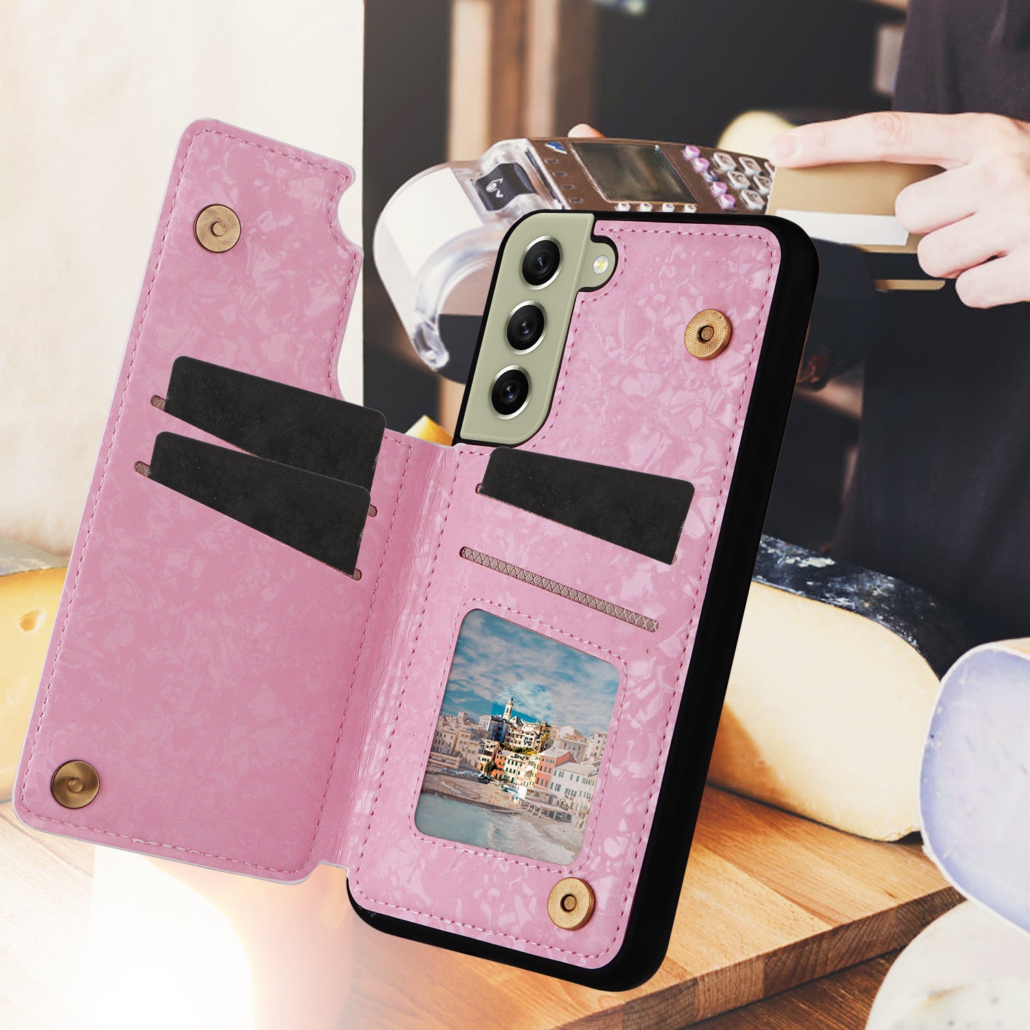 Phone Cover for Samsung Galaxy S21 FE 5G Kickstand Flower PU Leather Coated TPU Phone Case