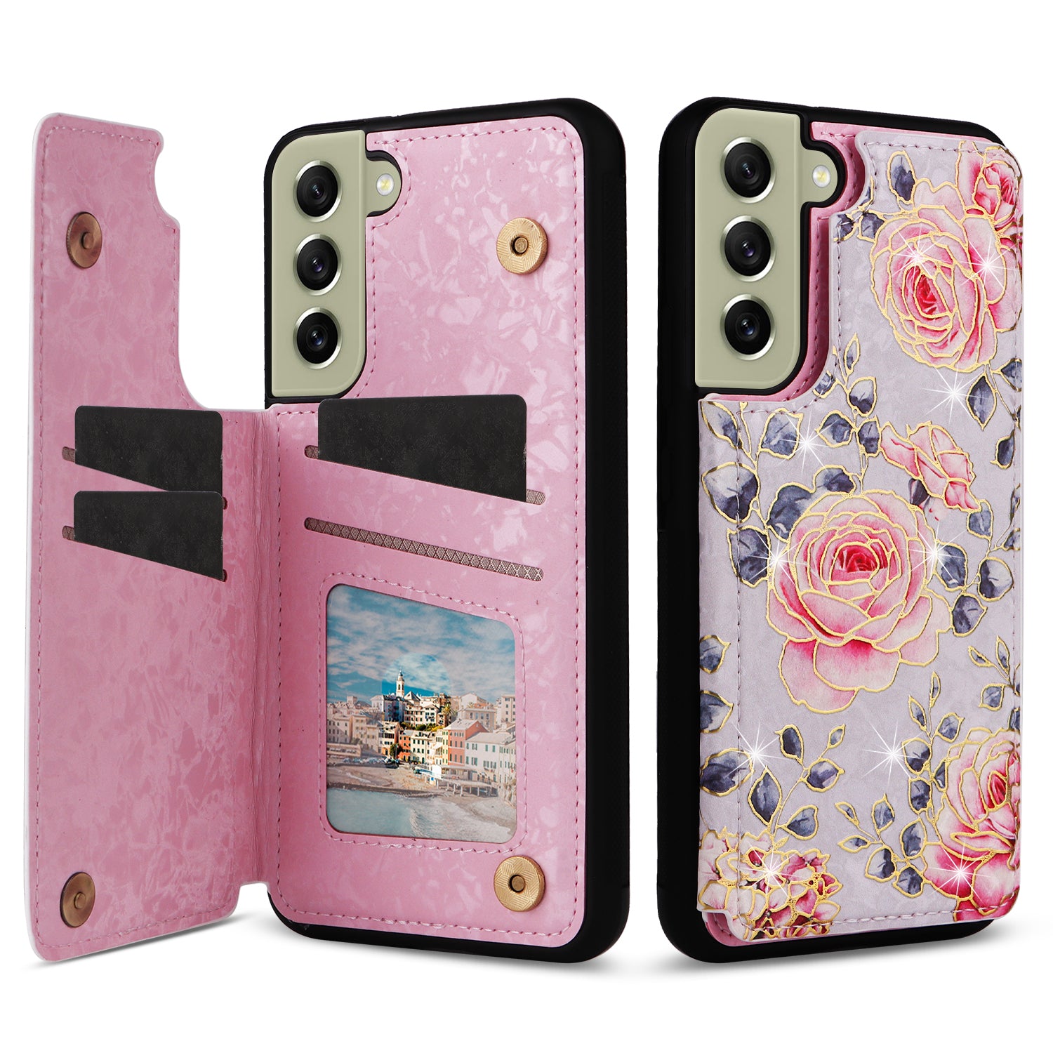 Phone Cover for Samsung Galaxy S21 FE 5G Kickstand Flower PU Leather Coated TPU Phone Case