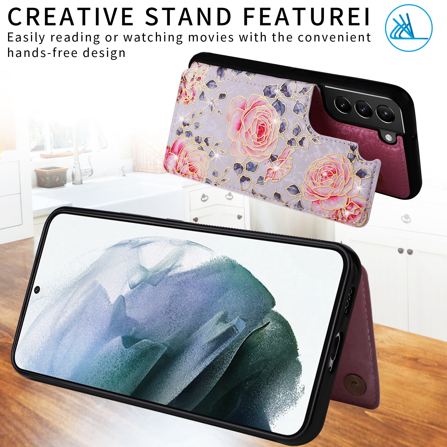 For Samsung Galaxy S21+ 5G Kickstand Case Pattern Printing Card Slots Phone Back Shell