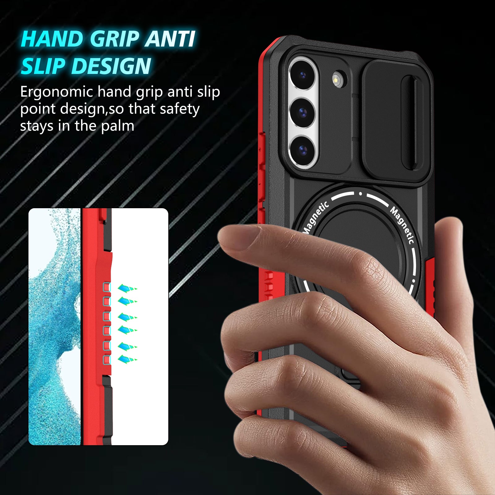 For Samsung Galaxy S22 5G Case PC+TPU Magnetic Phone Shell with Slide Camera Lid