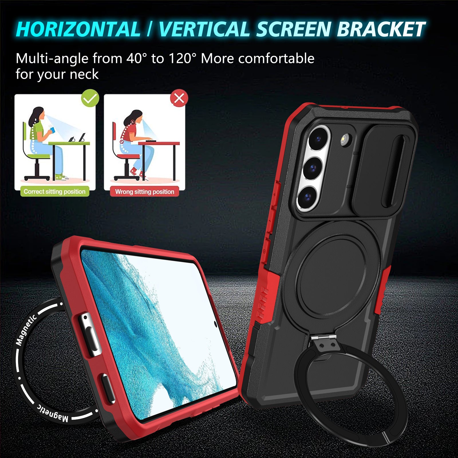 For Samsung Galaxy S22 5G Case PC+TPU Magnetic Phone Shell with Slide Camera Lid